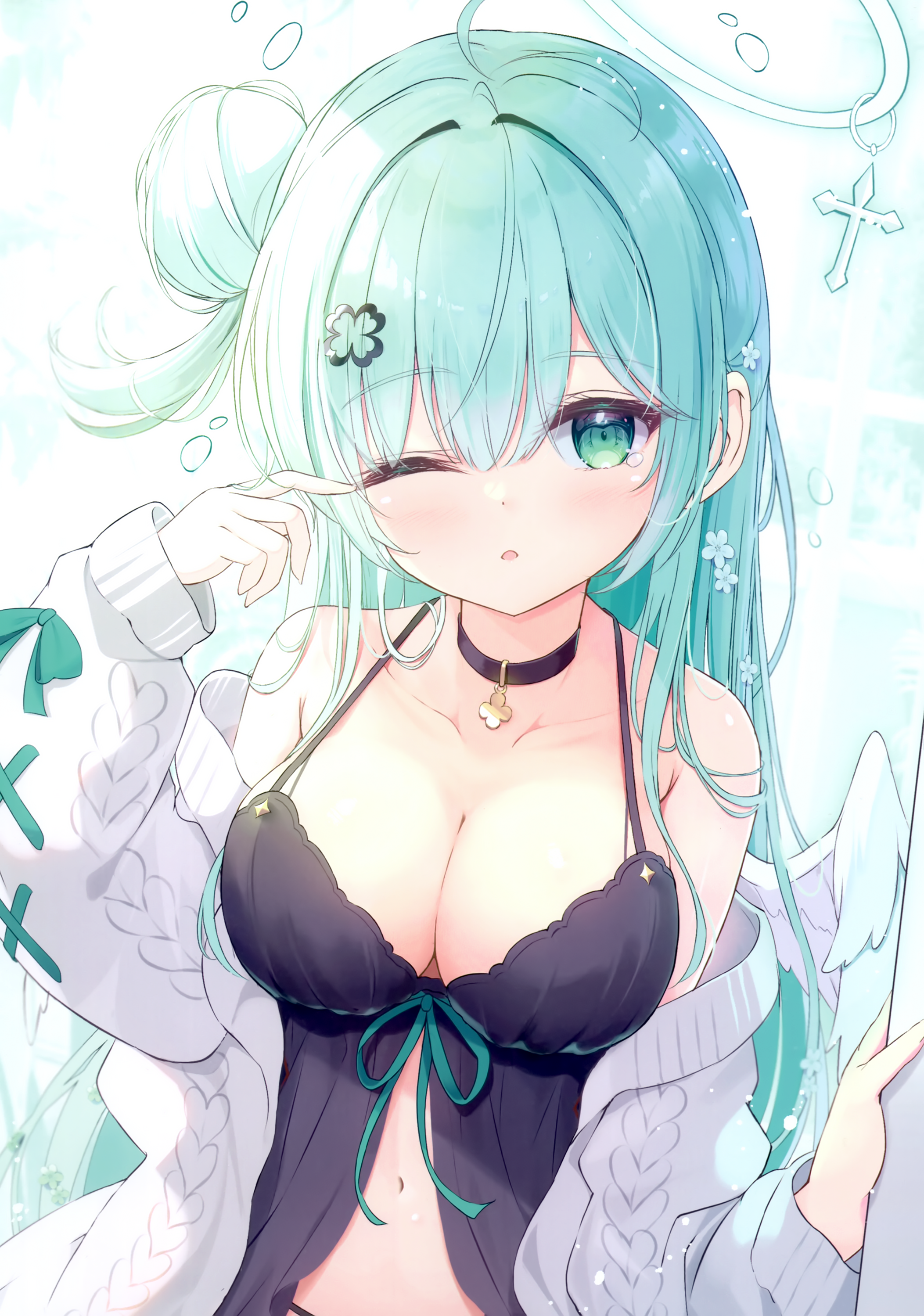 Anime 2105x2998 anime anime girls portrait display long hair hair between eyes tears cleavage choker big boobs off shoulder looking at viewer standing hair ornament hairbun belly button sweater wings one eye closed nightgown flower in hair turquoise hair blue eyes sunlight collarbone blushing open mouth ahoge Mikaze Oto