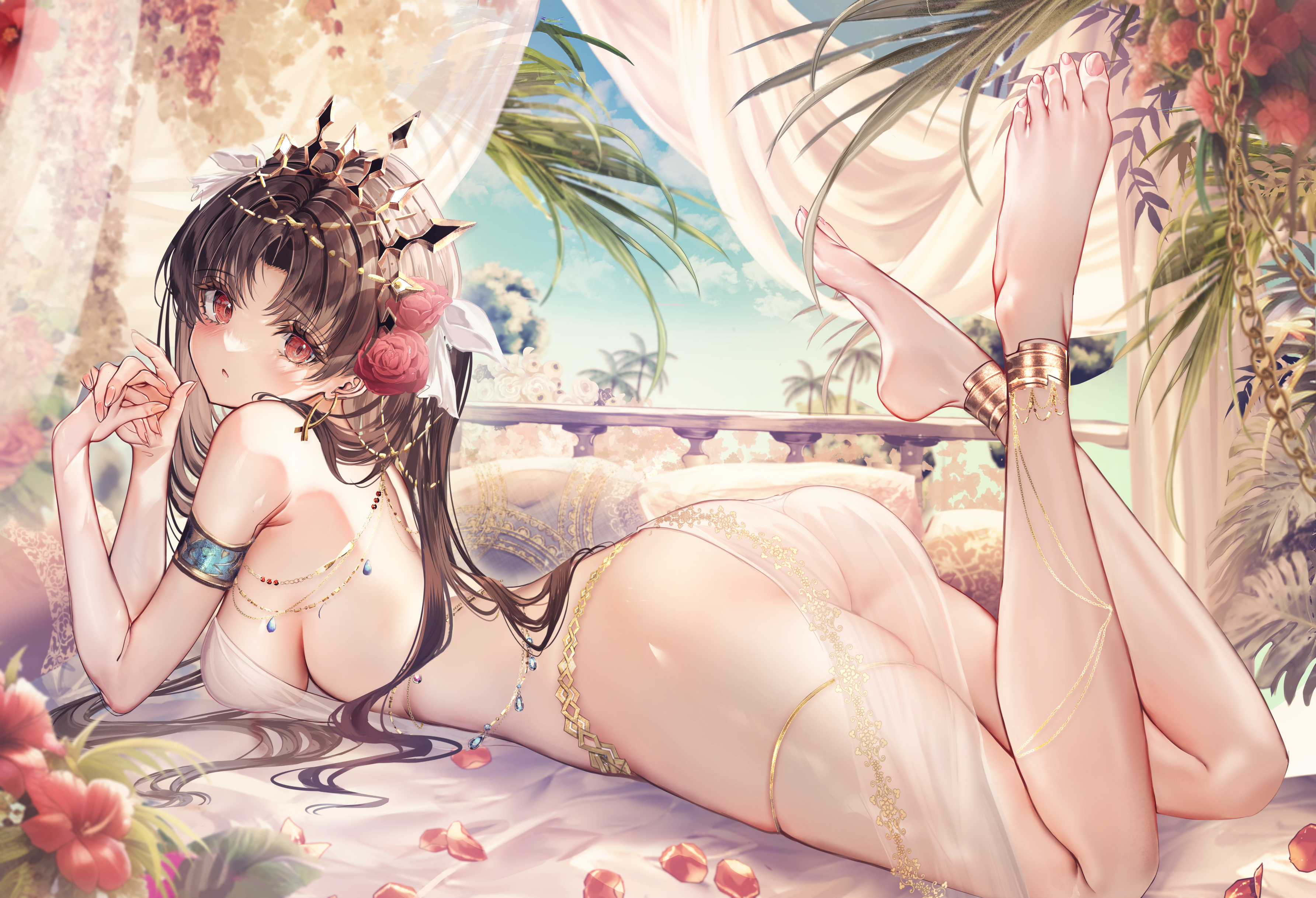 Anime 3569x2435 Fate series looking back lying on front jewelry Ishtar (Fate/Grand Order) lying down flowers Arabian clothes indoors bare shoulders long hair head tilt looking at viewer see-through clothing ass flower in hair hair ribbon black hair hair ornament sideboob red flowers ChiaChun hibiscus big boobs petals anime girls feet in the air anime pointed toes sky leaves sunlight