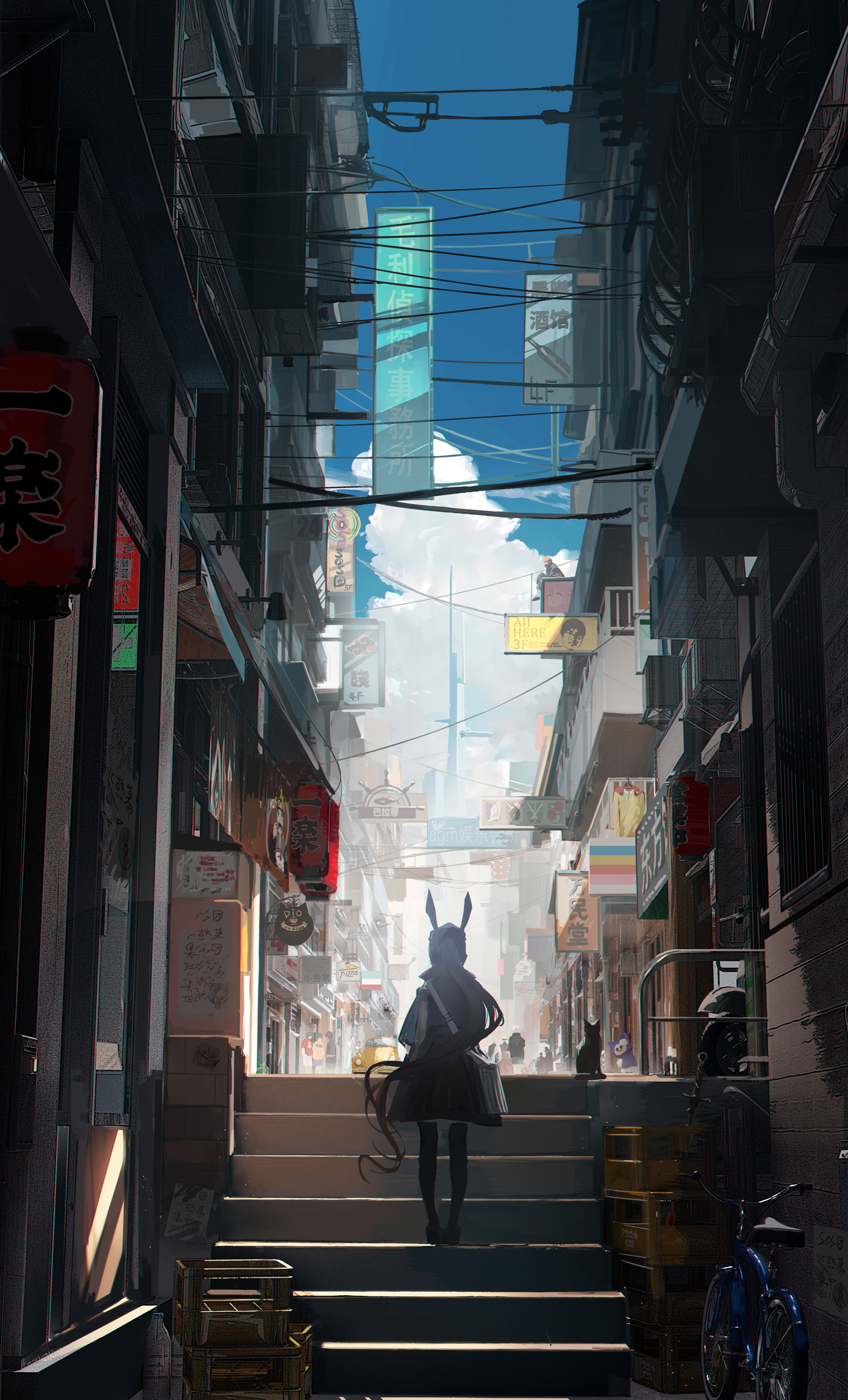 Anime 1400x2310 anime anime girls Amiya (Arknights) stairs Arknights building portrait display ponytail Omone Hokoma Agm long hair clouds sky animal ears bunny ears kanji signs bicycle sunlight pantyhose cats animals crate street standing