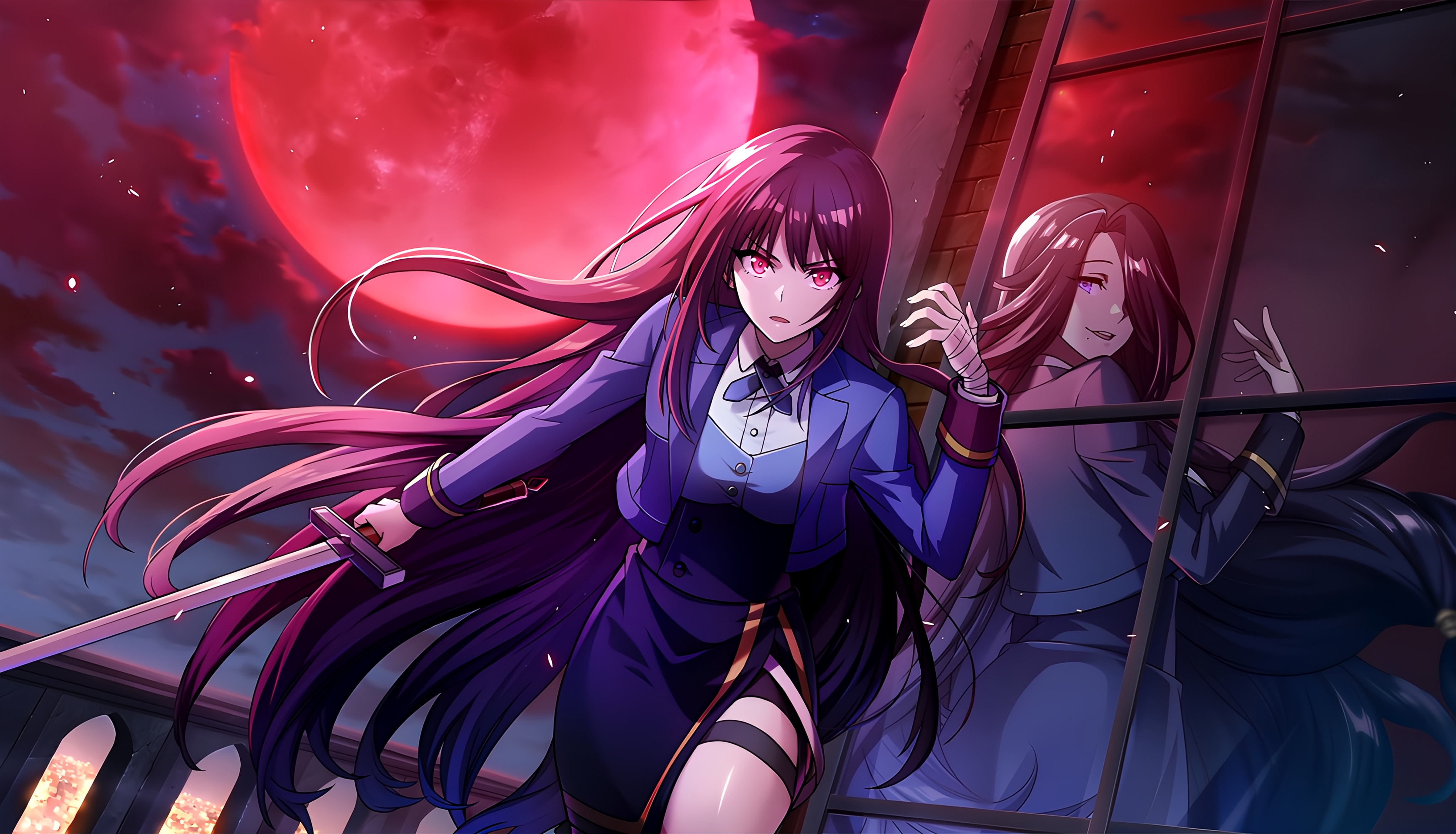 Anime 4096x2348 The Eminence in Shadow anime Claire Cagenou Aurora (The Eminence in Shadow) sword red moon looking at viewer clouds women with swords sky long hair red eyes mole under mouth moles night hair over one eye reflection anime girls window