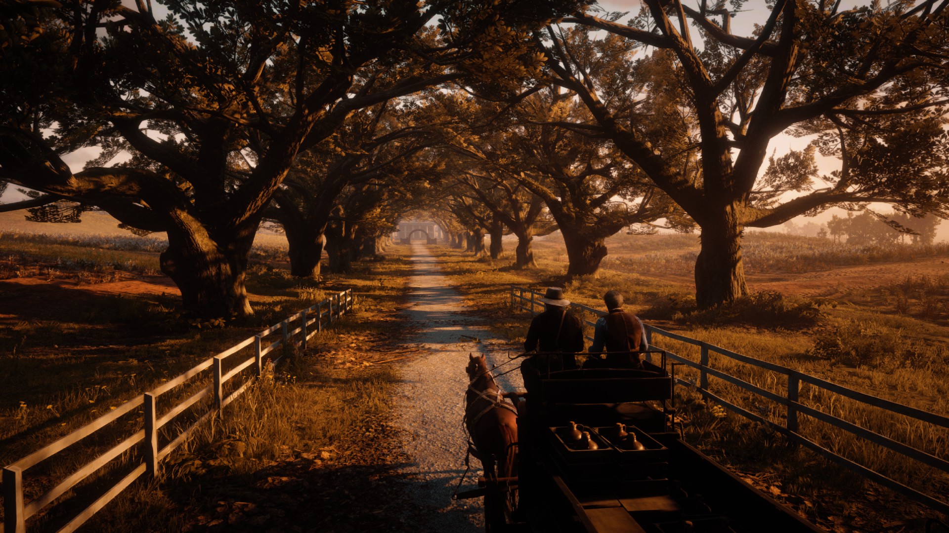 General 1920x1080 Red Dead Redemption 2 video games horse Rockstar Games sitting video game characters CGI video game art screen shot trees path animals cowboy hats sunlight video game men