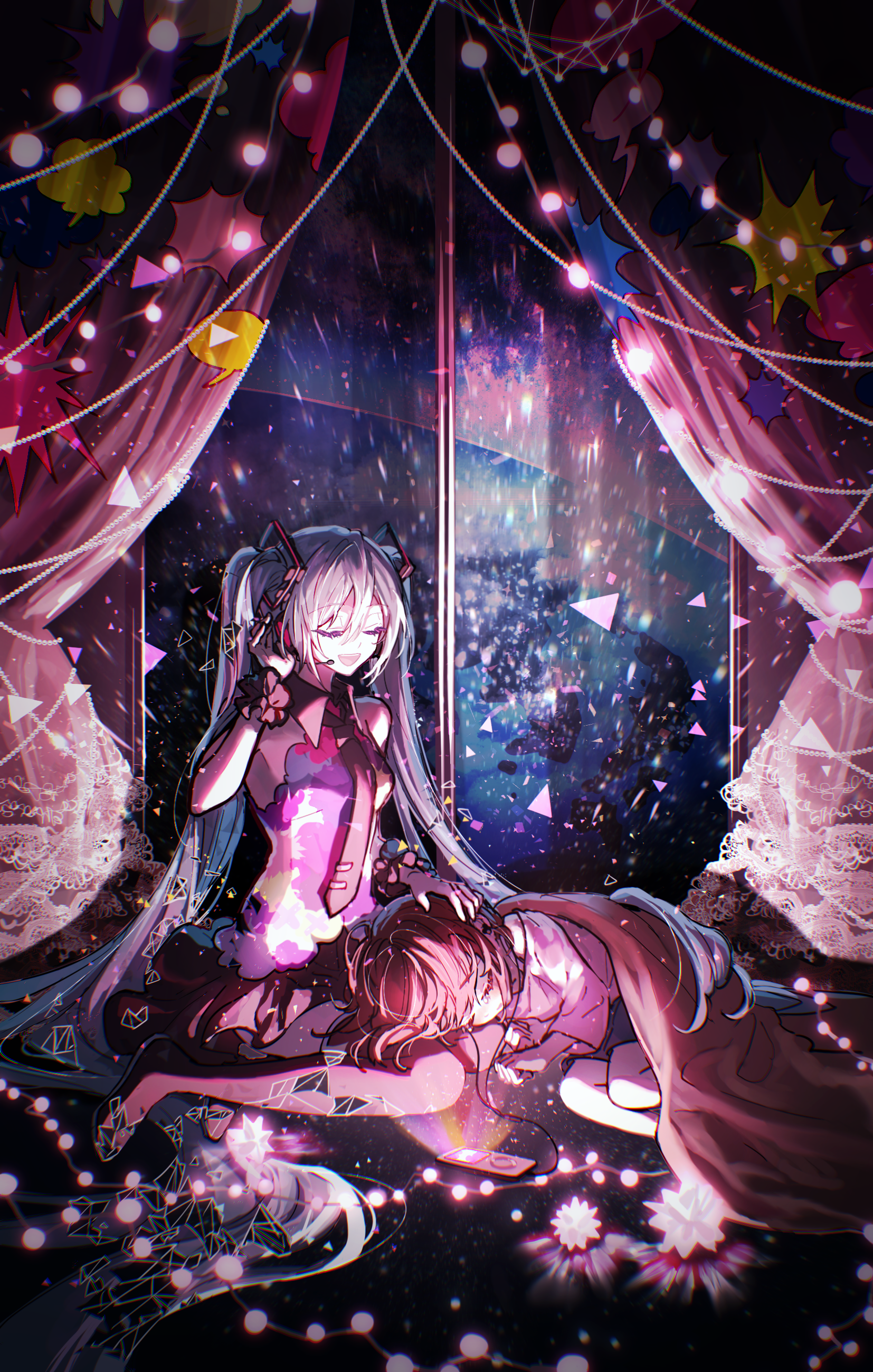 Anime 1654x2598 anime anime girls Vocaloid Hatsune Miku portrait display twintails closed eyes long hair open mouth headsets blankets blue hair tie