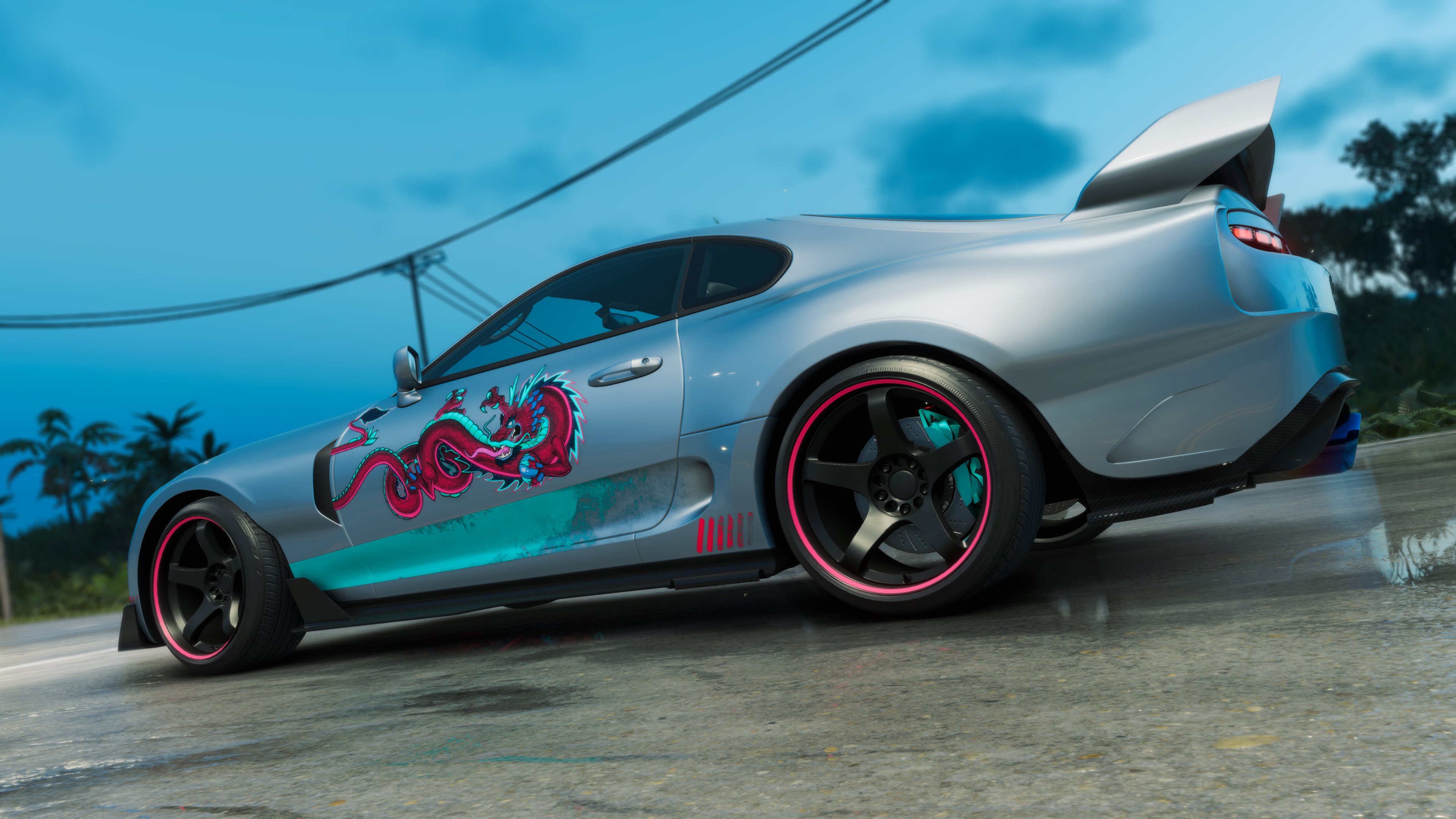 General 3840x2160 The Crew car Toyota Supra screen shot Hawaii night tuning CGI video game art vehicle side view taillights reflection sky clouds palm trees