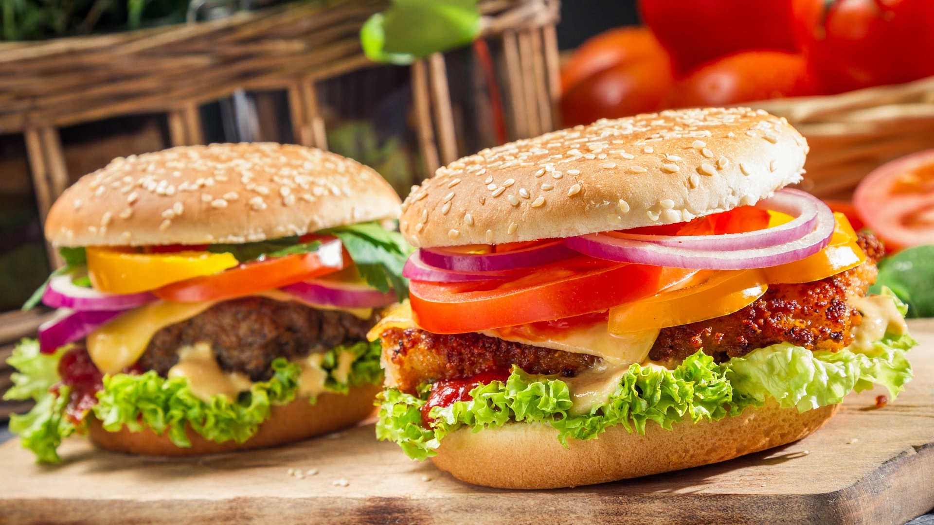 General 1920x1080 colorful photography food burgers meat lettuce onion tomatoes cheese bread still life closeup