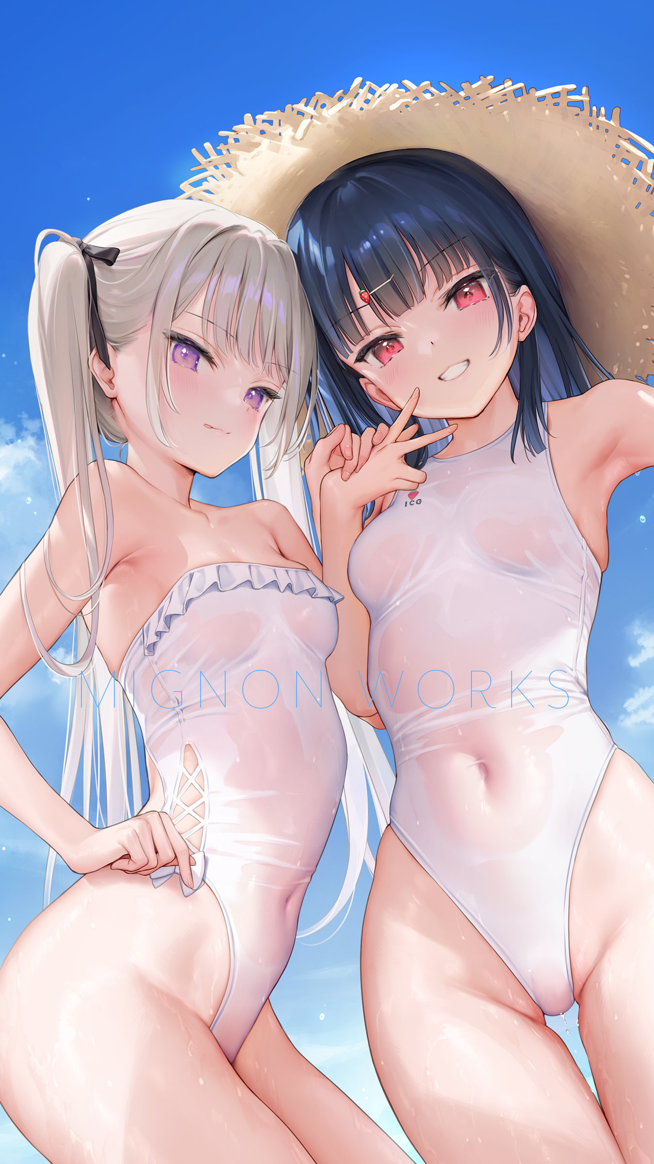 Anime 1350x2400 Shiro (Mignon) outdoors Ichigo (Mignon) long hair anime girls portrait display swimwear two women white swimsuit sun hats beach looking at viewer one-piece swimsuit hat straw hat hand gesture holding hands twintails dark blue hair smiling Mignon (artist) bare shoulders armpits one arm up wet swimsuit boobs licking lips hair ribbon hair ornament ribbon white hair purple eyes red eyes wet body watermarked water small boobs clouds thighs sky ass