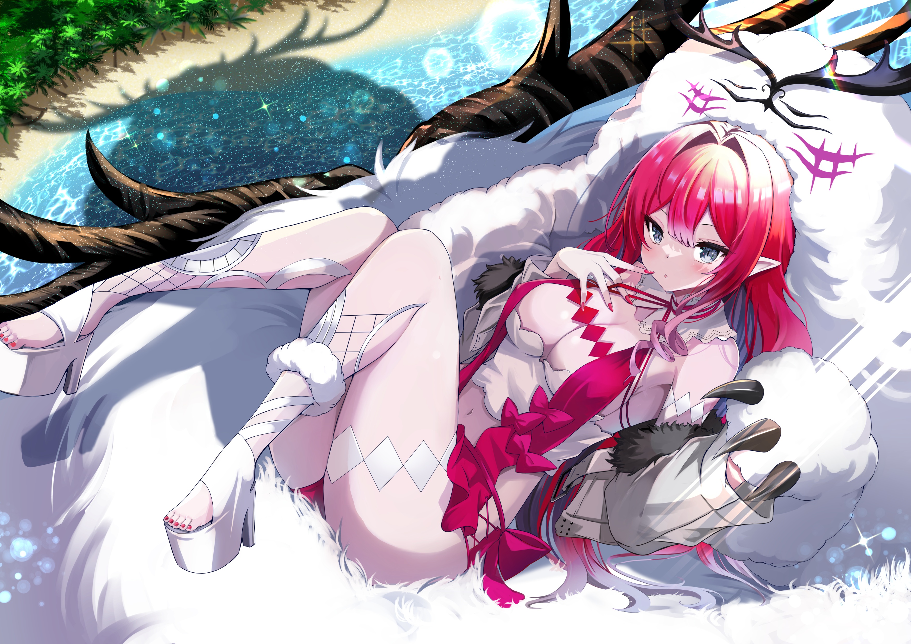 Anime 3500x2475 anime anime girls Fate/Grand Order Baobhan Sith Cernunnos (FGO) cleavage big boobs pointy ears long hair redhead lying down lying on back stars water fur creature looking at viewer blue eyes blushing sunlight shadow heels belly button
