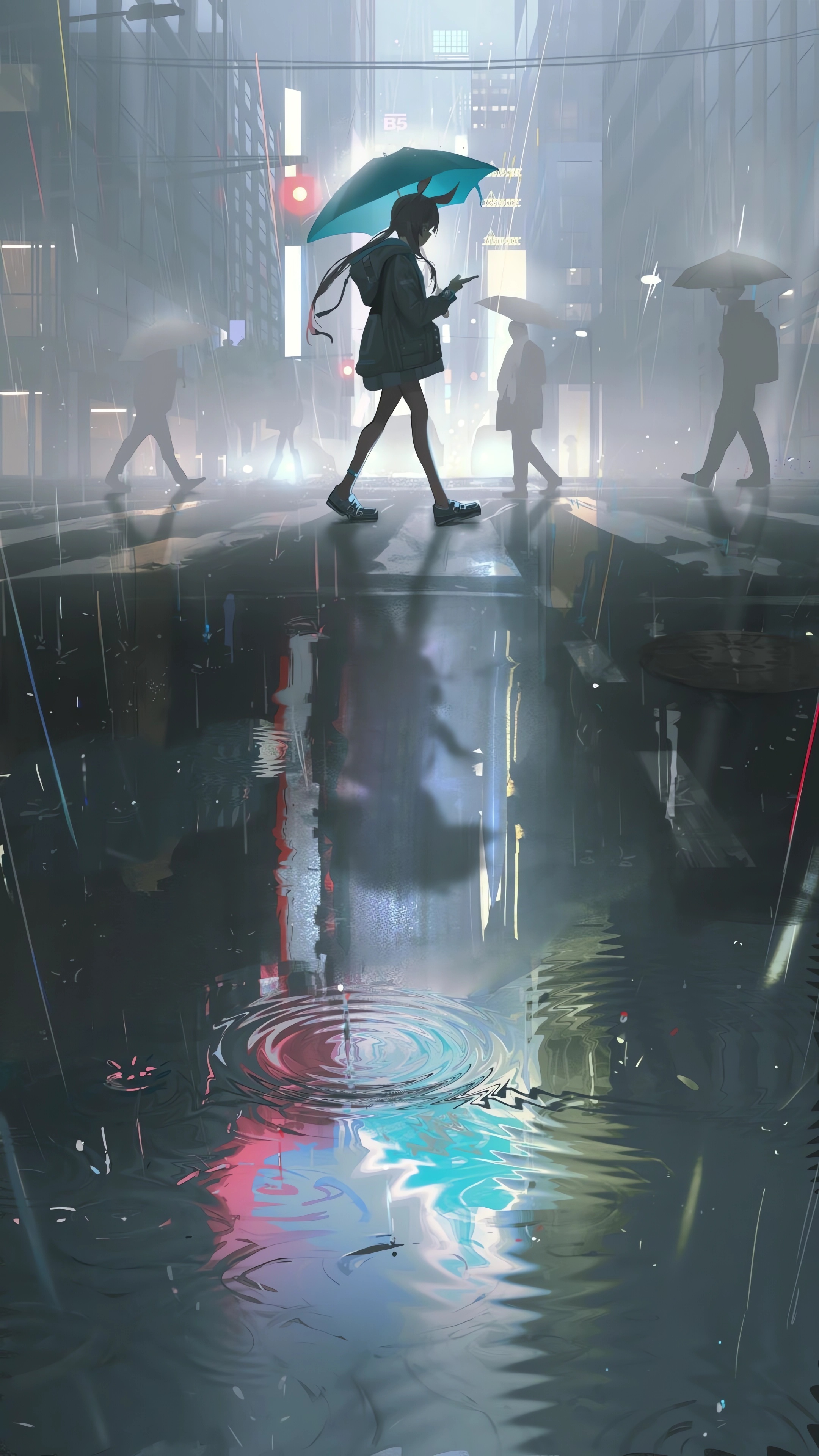 Anime 2160x3840 anime Amiya (Arknights) Arknights portrait display walking umbrella city city lights rain bunny ears long hair water crosswalk