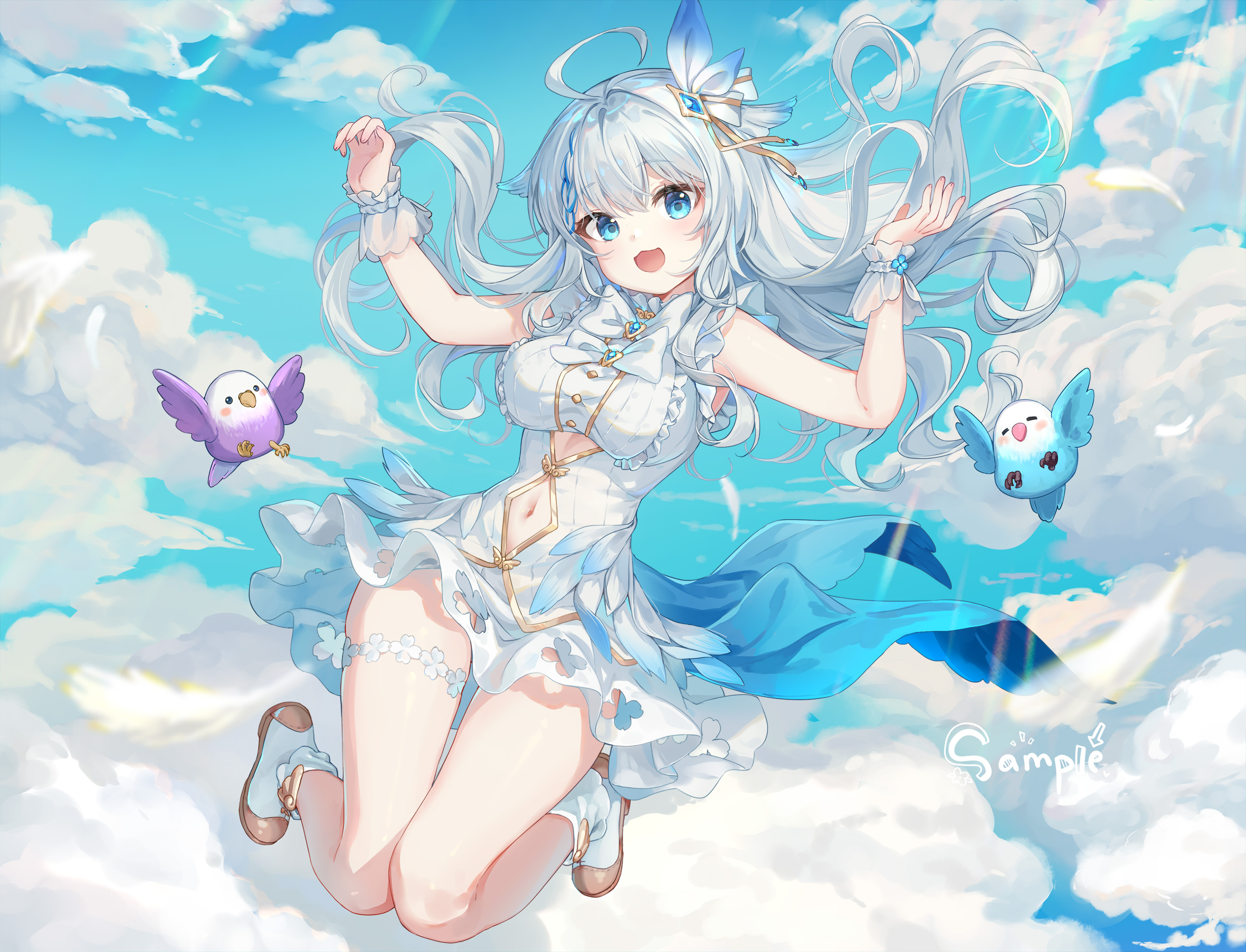 Anime 3139x2400 anime anime girls dress belly button looking at viewer smiling open mouth long hair two tone hair blue eyes sky birds clouds sunlight big boobs