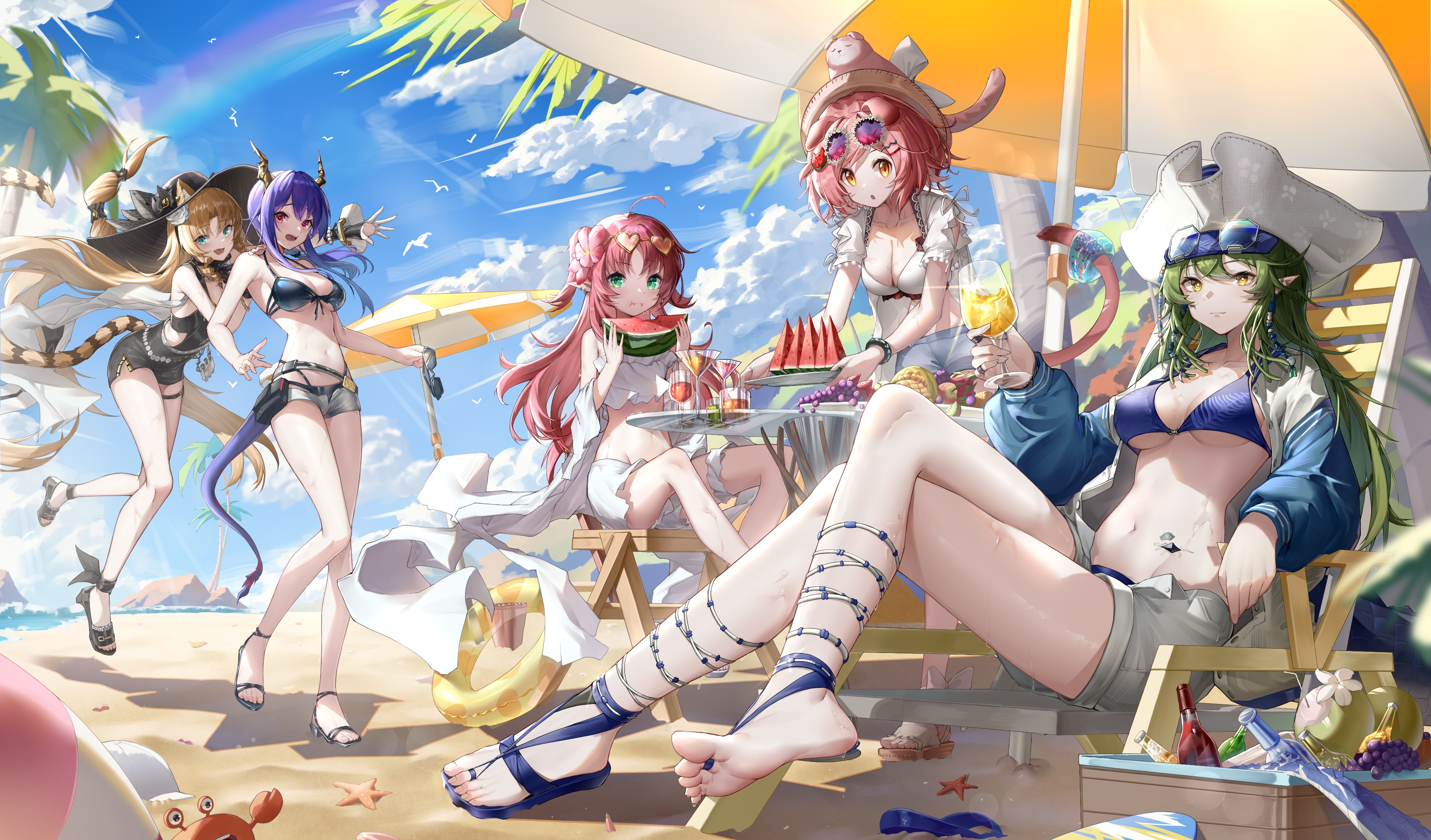 Anime 3732x2192 anime anime girls Littorio (Azur Lane) bikini sky Azur Lane sand crabs rainbows feet looking at viewer umbrella watermelons clouds legs crossed foot sole pointy ears hat palm trees drink cleavage big boobs standing fruit water floater beach sitting long hair