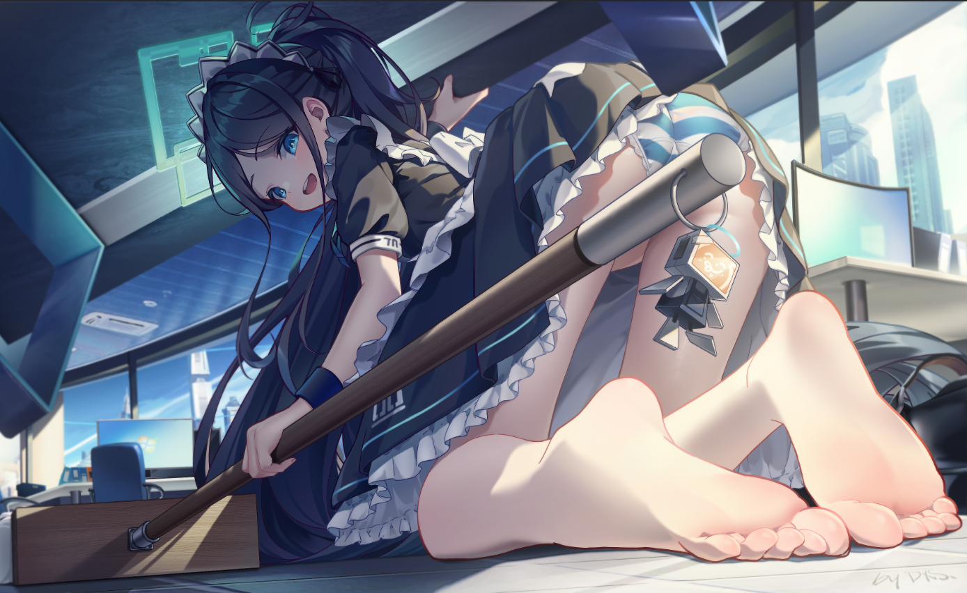 Anime 1388x852 Pixiv anime anime girls Blue Archive bent over panties looking at viewer blushing long hair broom feet foot sole maid maid outfit ass Tendou Arisu interior sunlight window computer looking back