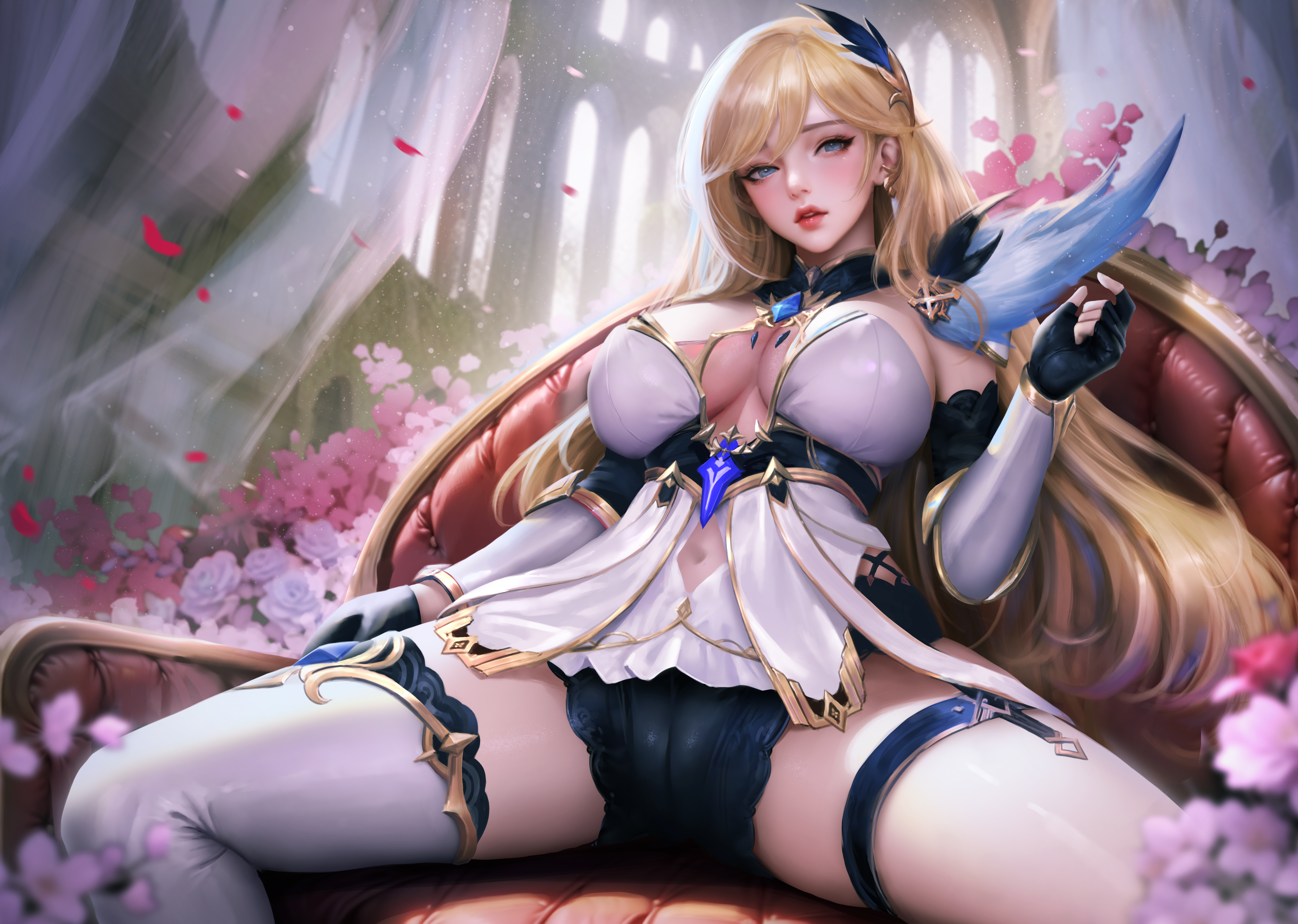 Anime 5046x3592 Bianka Ataegina Honkai Impact 3rd anime anime girls video games video game girls artwork drawing fan art Windwalker Ture white stockings sitting petals spread legs looking at viewer long hair gloves fingerless gloves blonde blue eyes flowers big boobs belly button couch