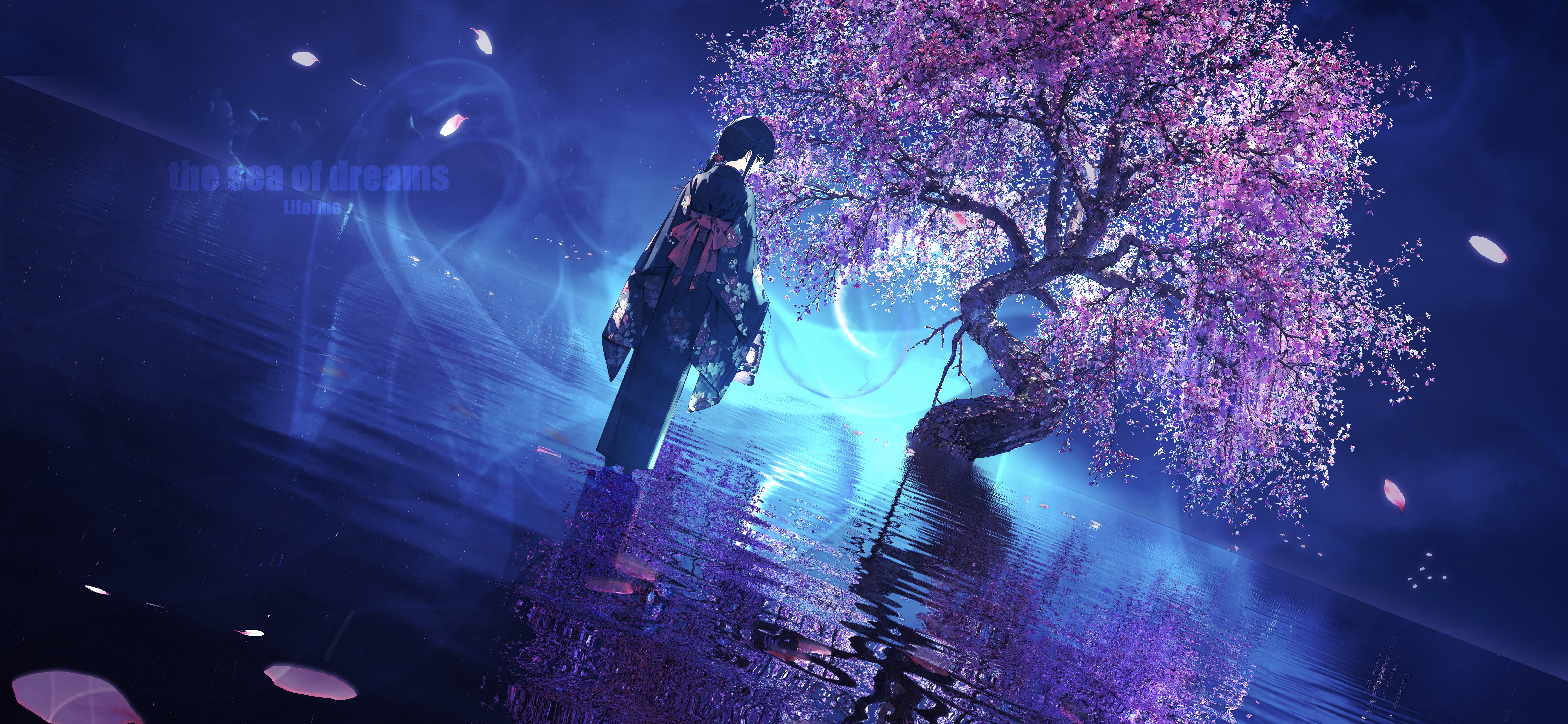 Anime 6000x2772 anime anime girls reflection water trees petals kimono looking back standing looking at viewer