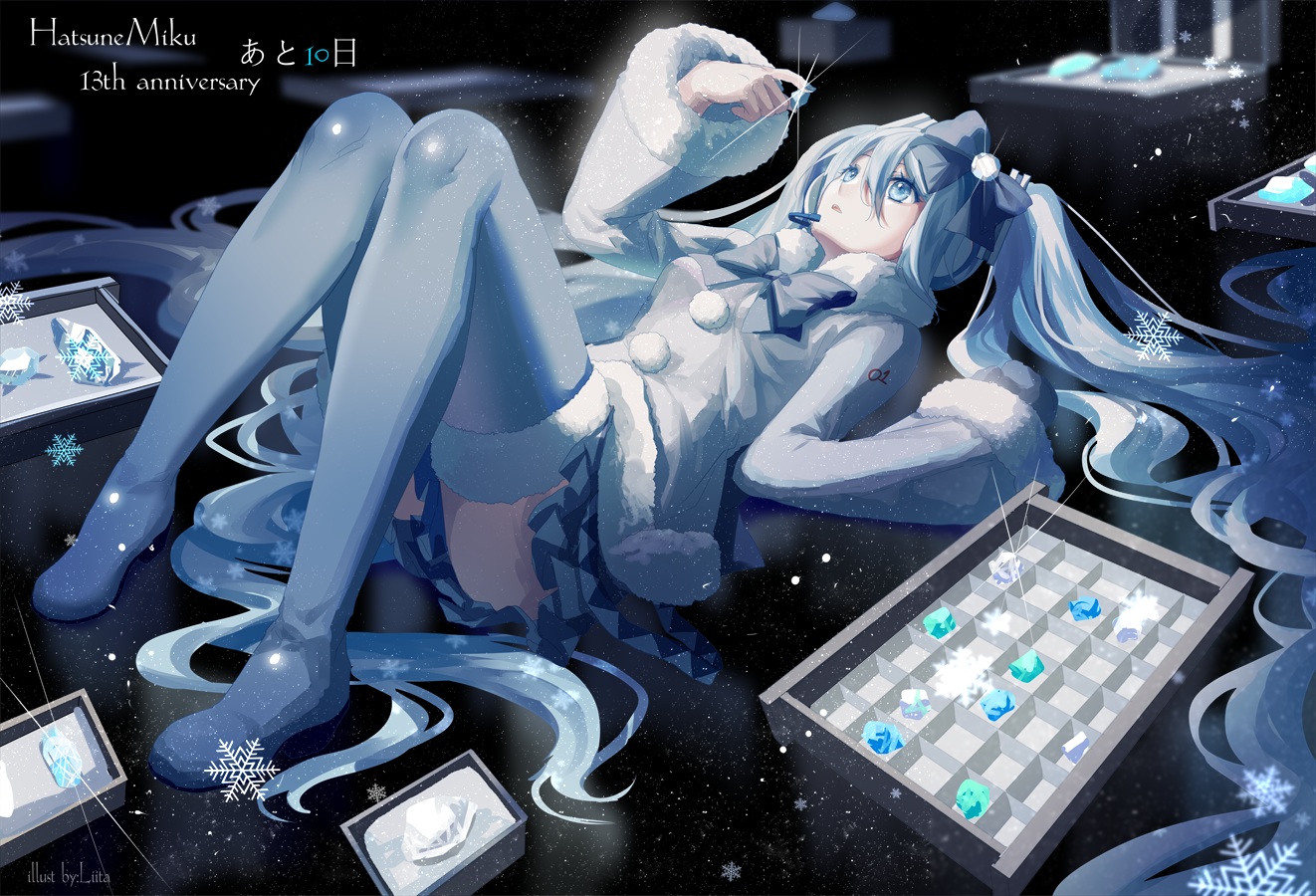 Anime 1322x900 anime anime girls Hatsune Miku Vocaloid anniversary long hair looking up twintails lying down lying on back blue hair blue eyes snowflakes hair bows bow tie gems signature artwork