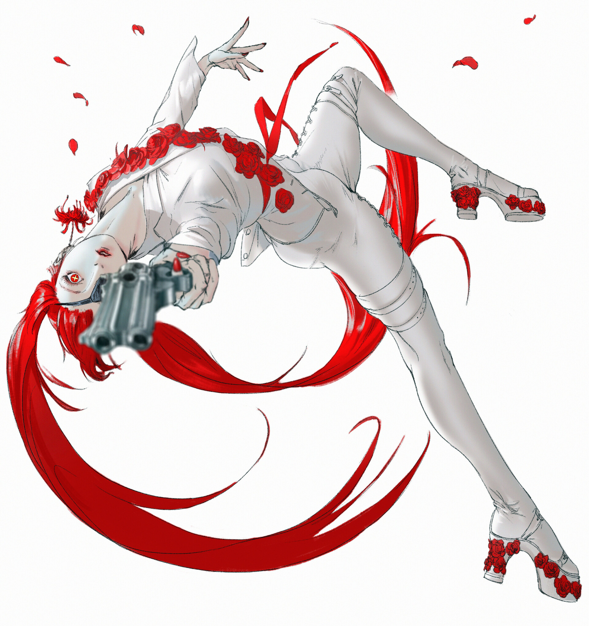 General 1920x2041 William X-A drawing women red revolver petals simple background digital art redhead gun girls with guns braids looking at viewer one eye obstructed white background long hair portrait display