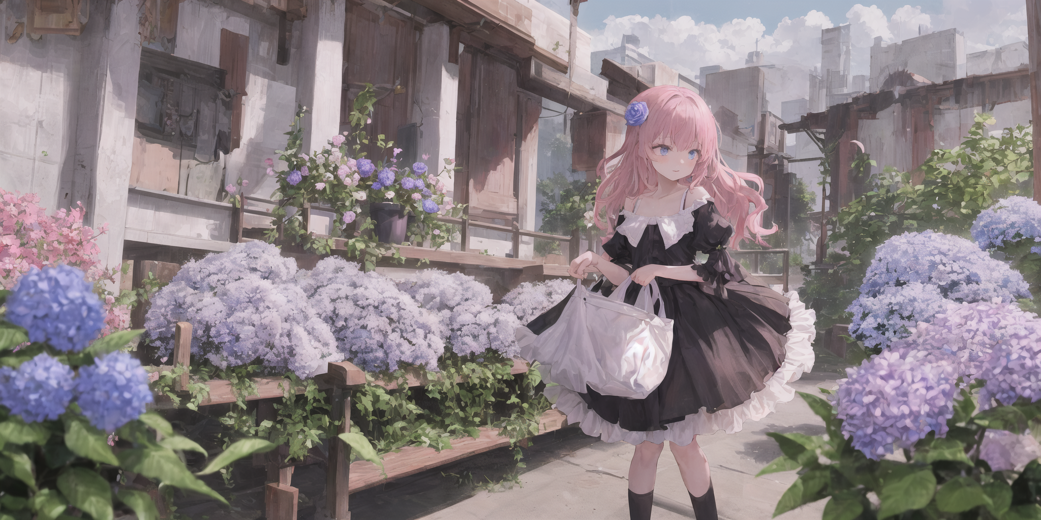 Anime 2048x1024 AI art anime girls pink hair maid maid outfit leaves flowers standing digital art sky clouds long hair flower in hair blue eyes bag garden building frills