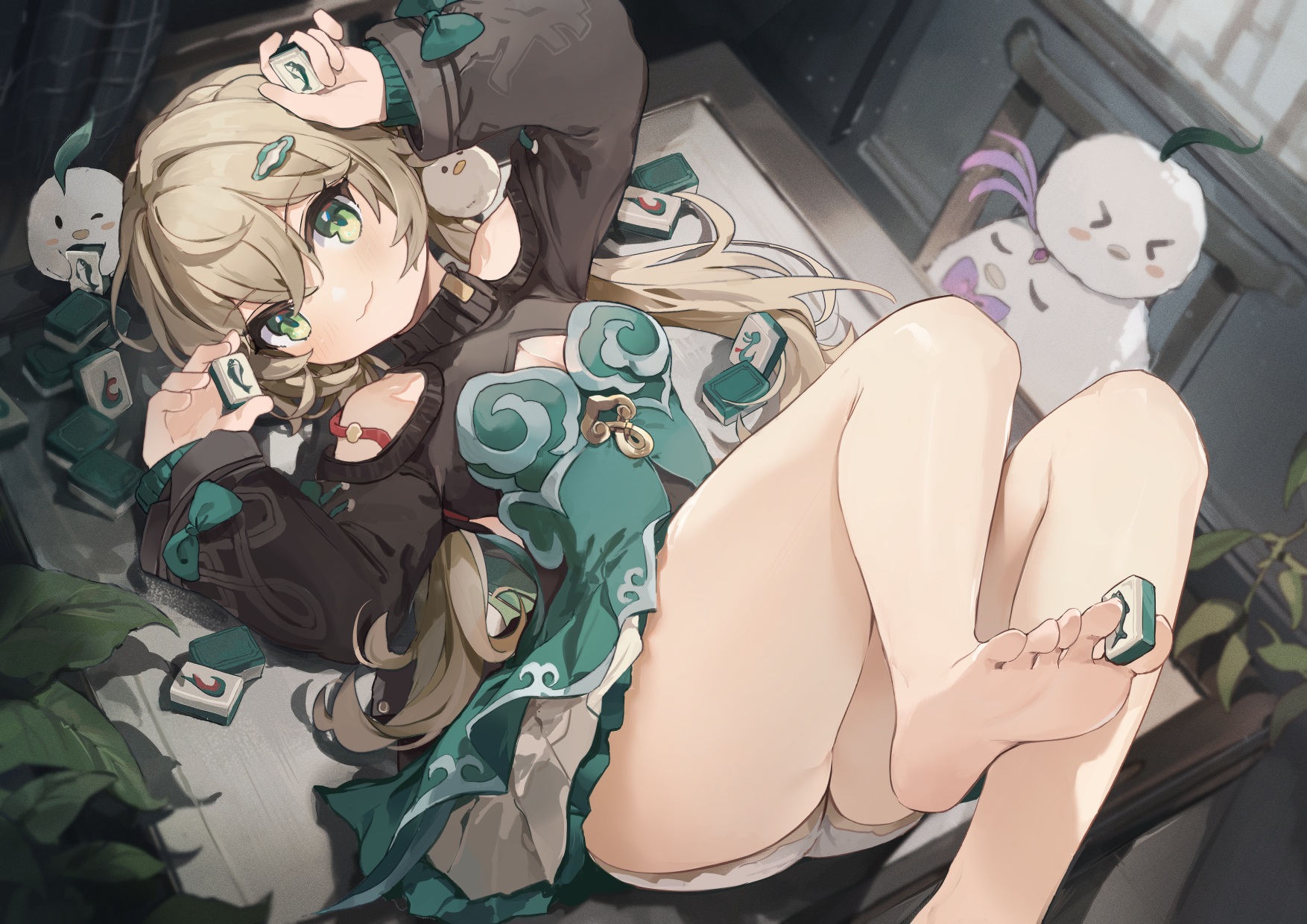 Anime 1754x1240 anime anime girls lying down lying on back feet foot sole blushing smiling long hair green eyes blonde looking at viewer mahjong leaves bare shoulders