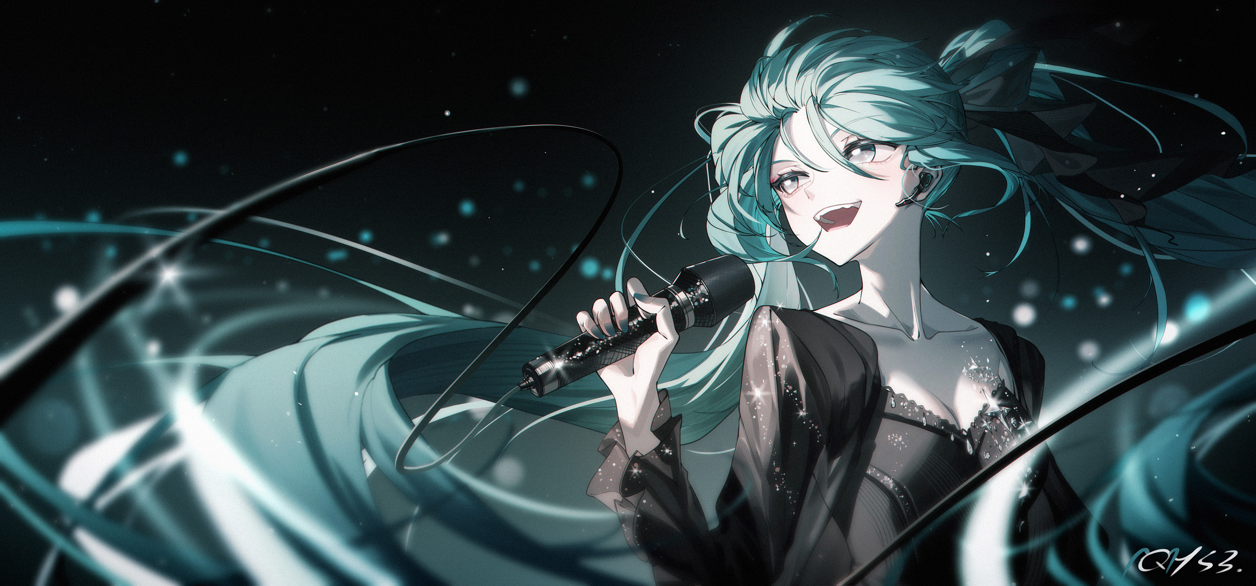Anime 2500x1167 Hatsune Miku microphone Bai Yemeng Vocaloid anime girls long hair blue hair open mouth signature singing dress looking away twintails cleavage simple background minimalism
