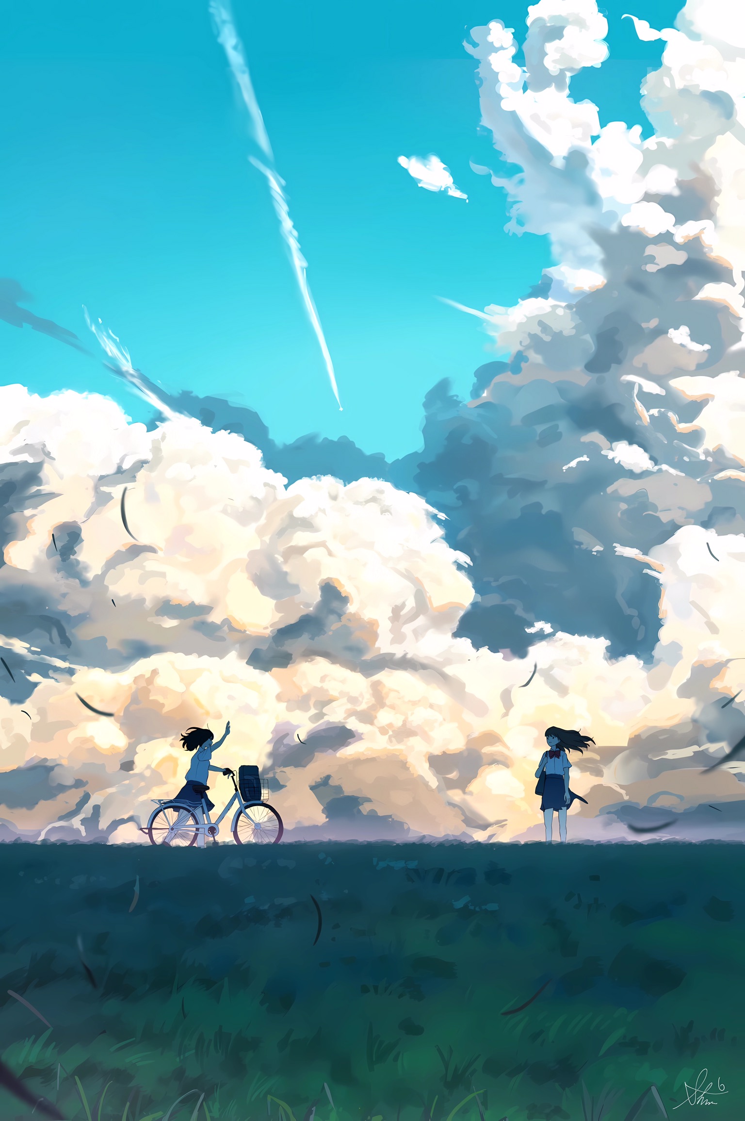 Anime 1536x2310 anime sky bicycle schoolgirl school uniform grass standing leaves waving hair blowing in the wind clouds anime girls signature portrait display