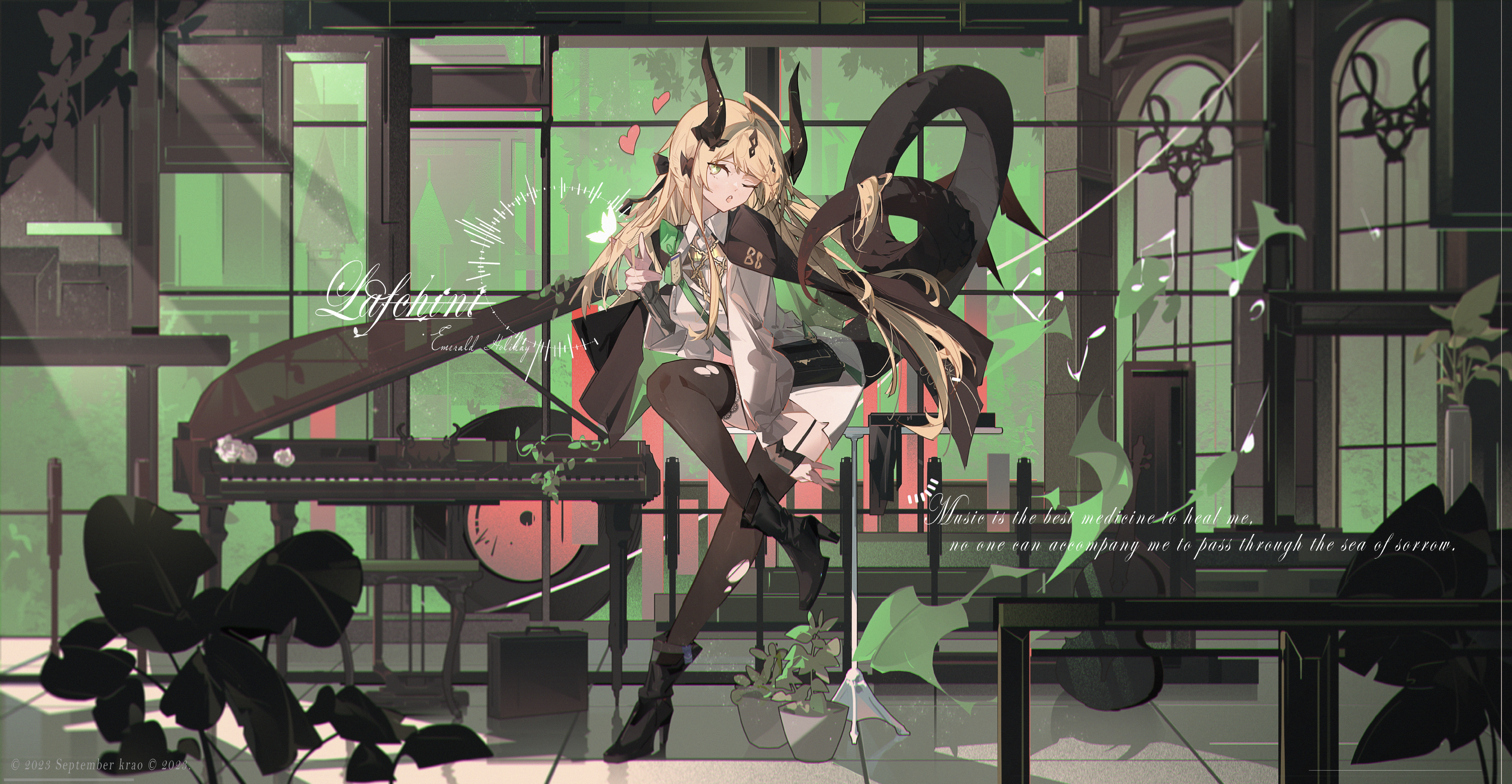 Anime 8308x4312 anime anime girls Arknights Reed (Arknights) one eye closed piano musical instrument long hair blonde green eyes star eyes horns stockings heels watermarked leaves text tail musical notes violin interior heart wink garter straps plants standing on one leg