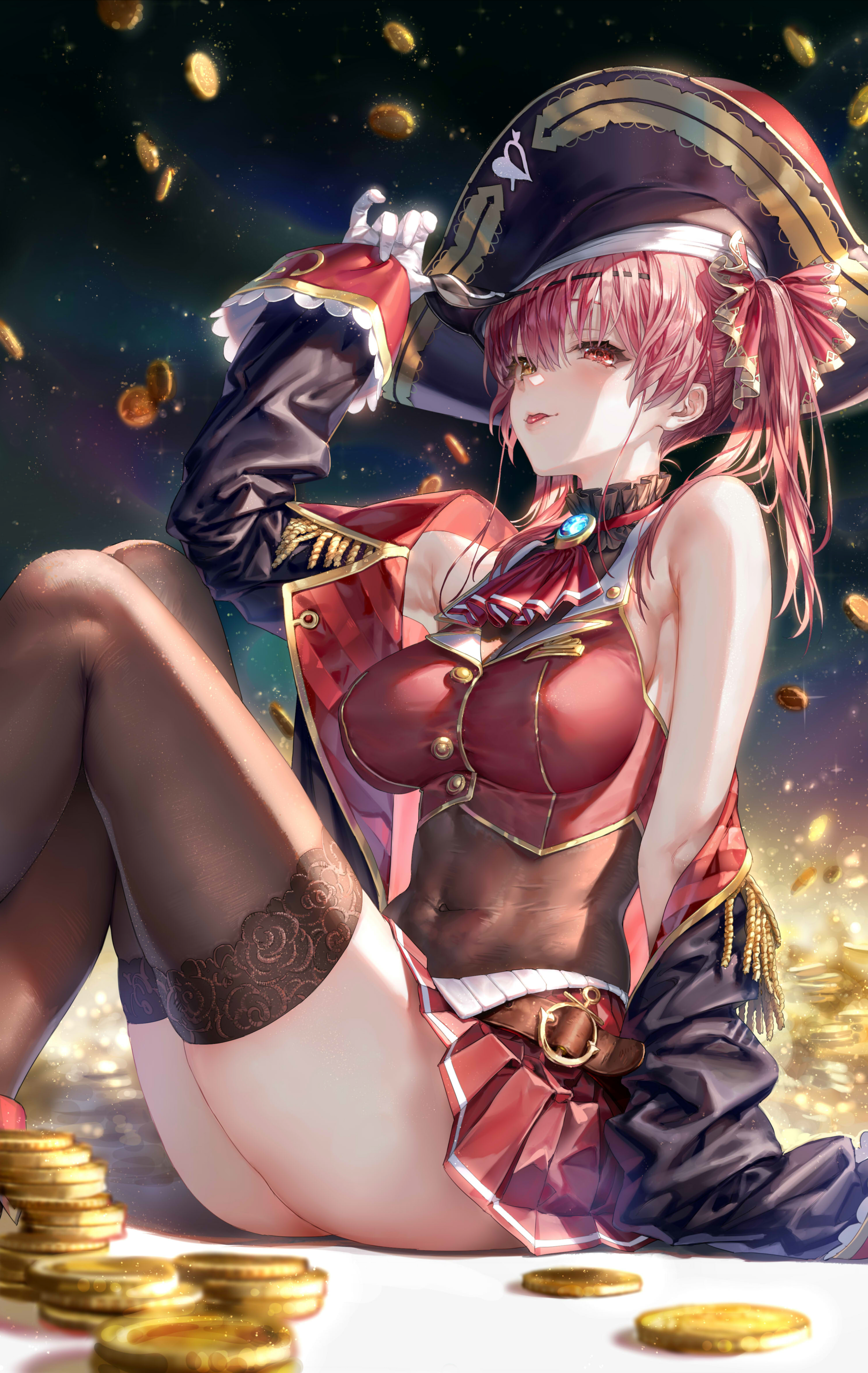 Anime 2000x3163 Hololive Houshou Marine portrait display anime girls heterochromia sitting pirate hat tongue out looking at viewer coins gold coins one arm up big boobs open jacket stockings black stockings bare shoulders gloves Oohhya white gloves Virtual Youtuber thighs