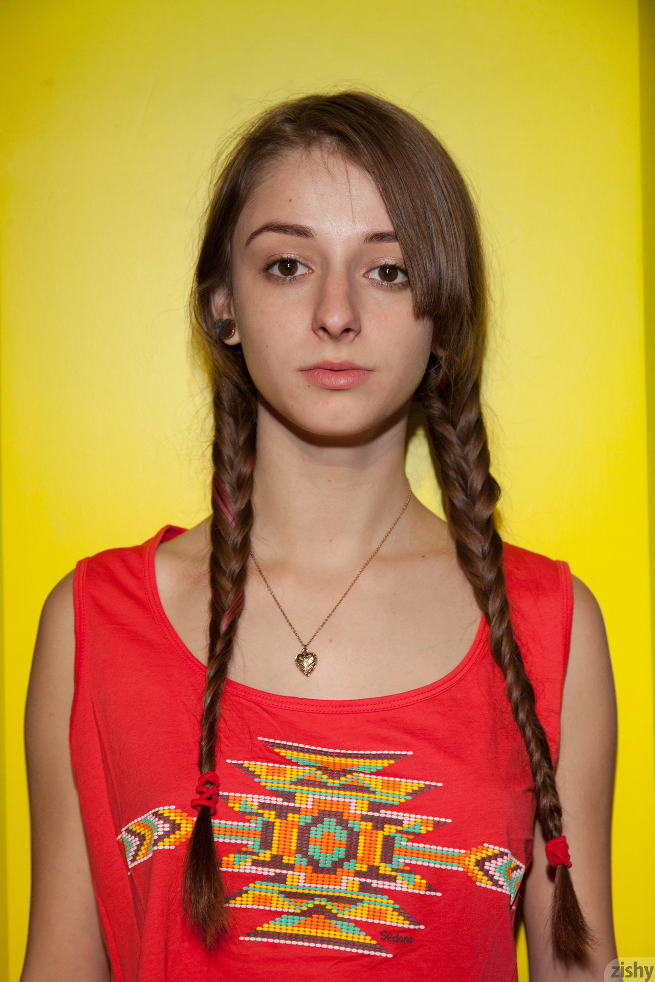 People 1280x1920 Willow Hayes pornstar brunette braids french braided pigtails Zishy American women simple background portrait display watermarked