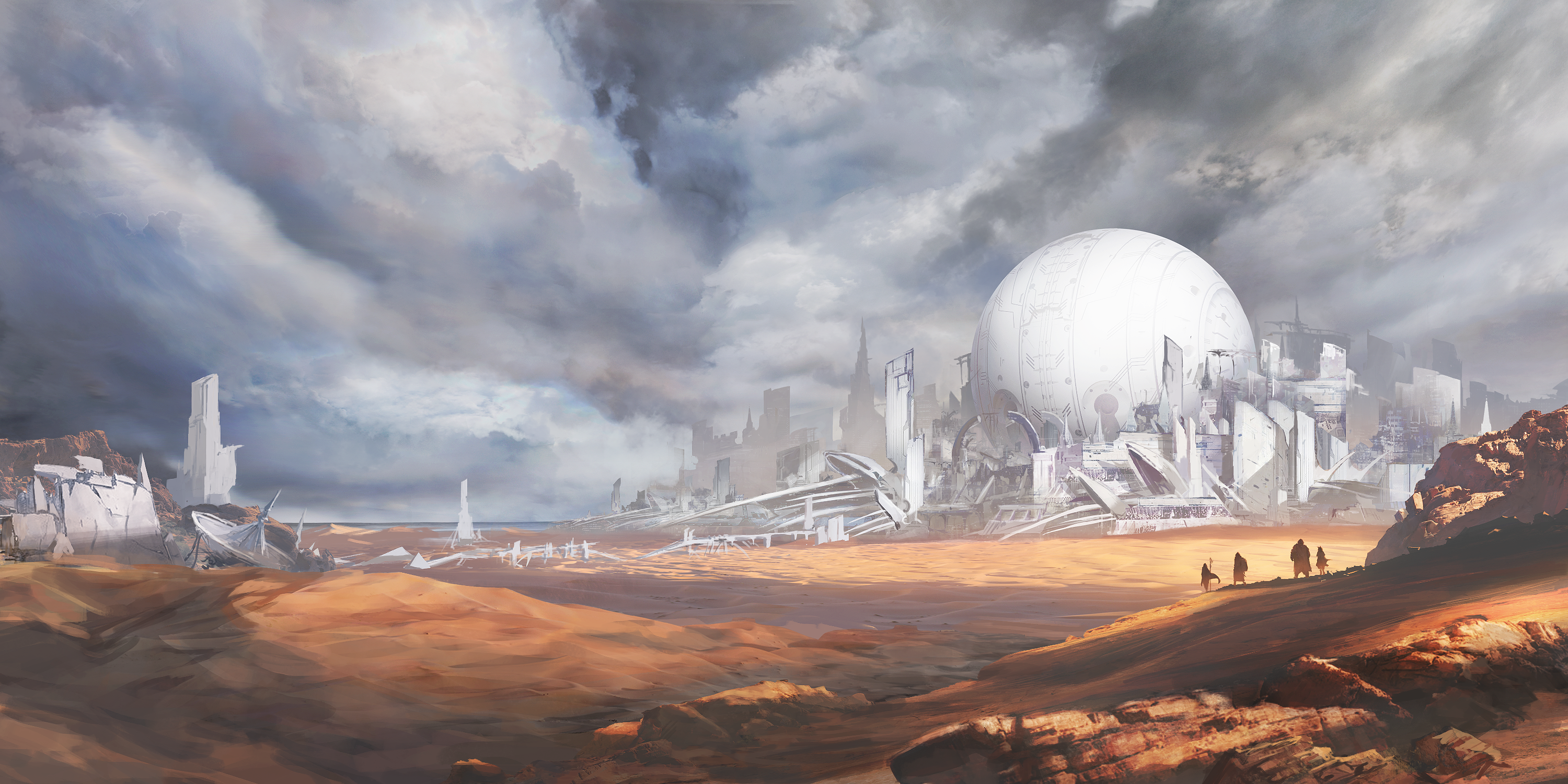 General 3000x1500 artwork clouds technology futuristic digital art landscape sky ruins sphere post apocalypse