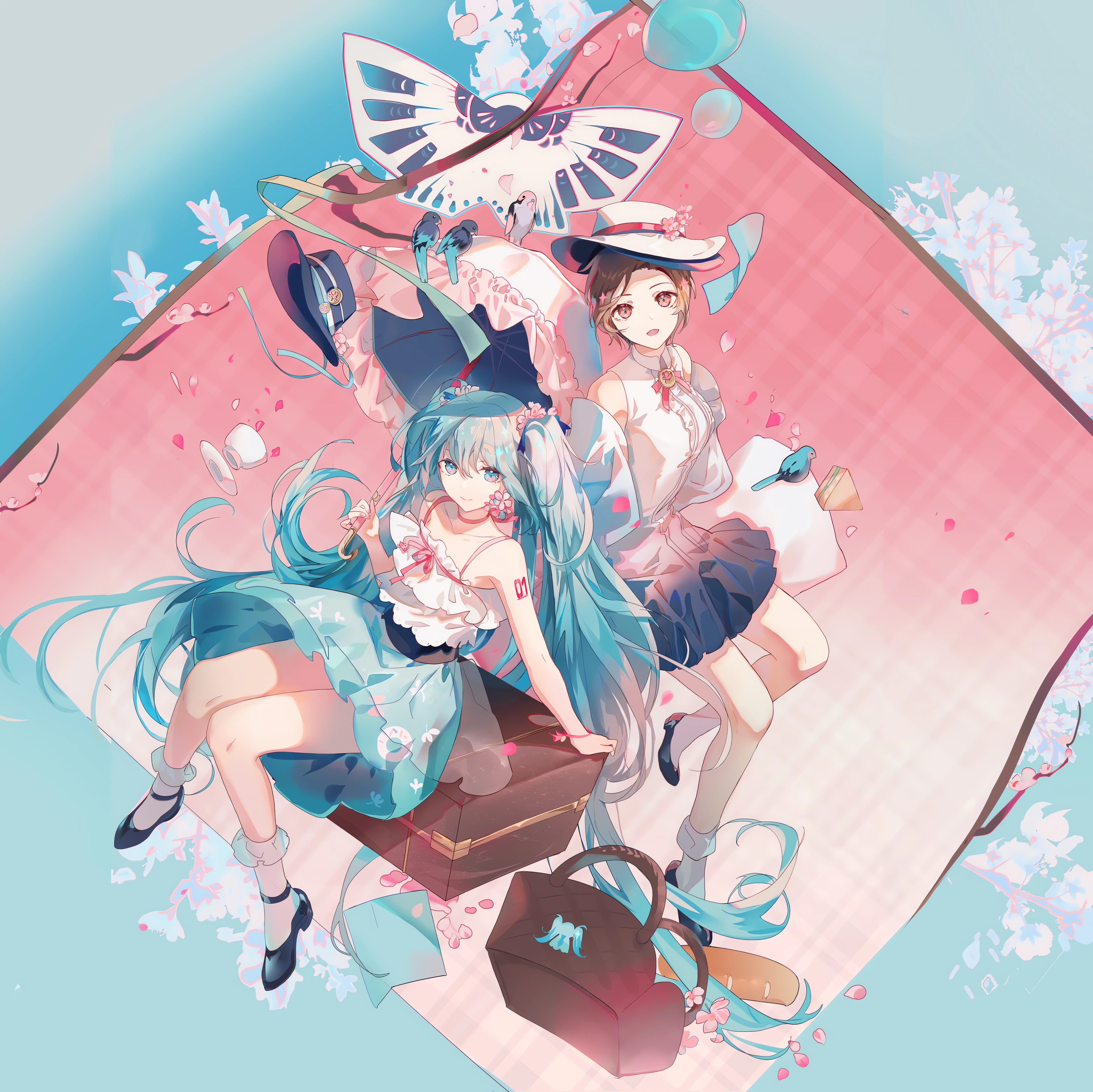 Anime 4000x3996 anime anime girls Pixiv looking at viewer Hatsune Miku Vocaloid twintails long hair blue hair blue eyes Meiko (vocaloid) hat umbrella smiling petals cup