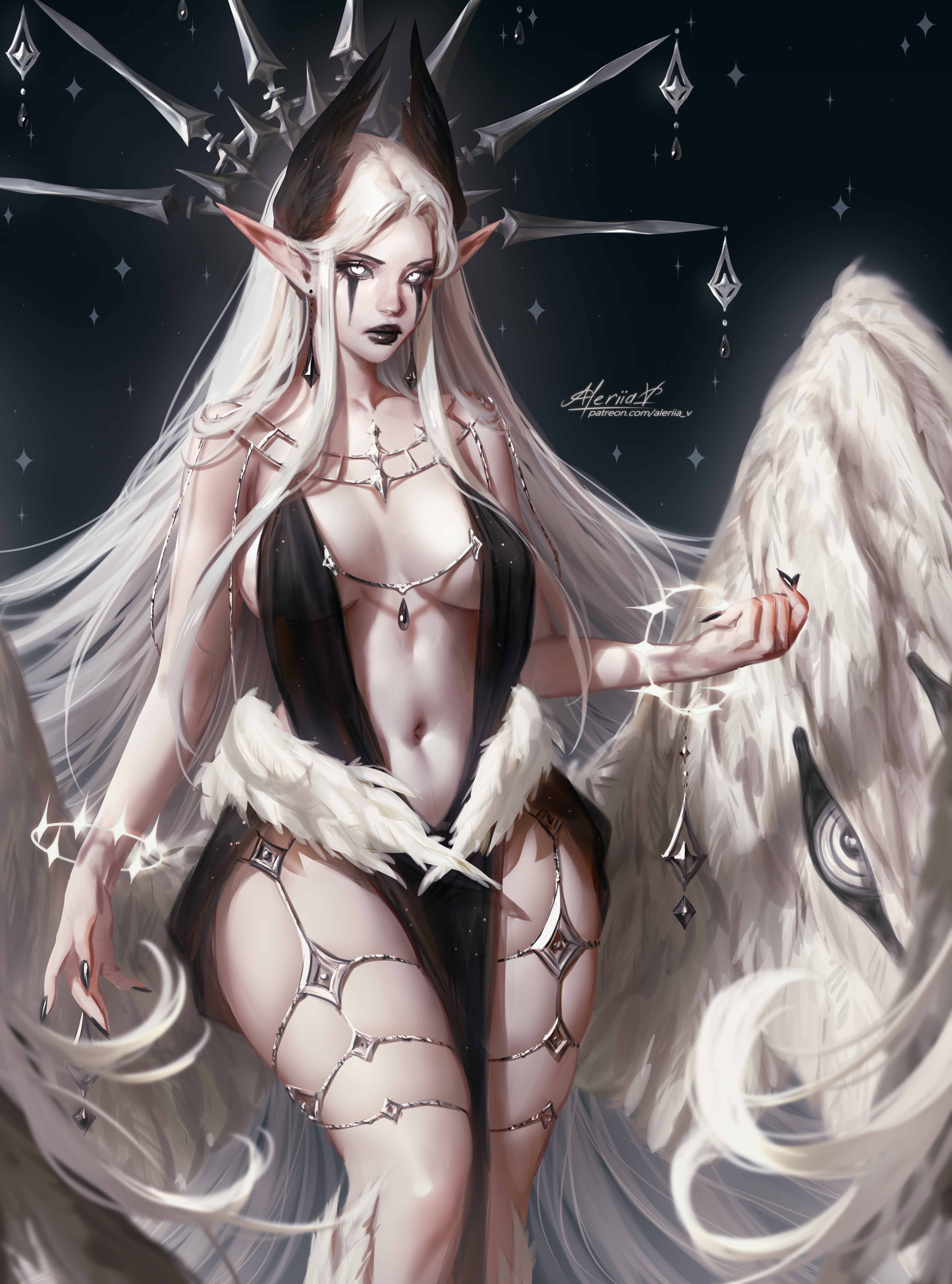 General 4080x5500 Arkilia (OC) fantasy girl original characters artwork drawing Lera Pi wide hips thighs thick thigh portrait display long hair wings looking at viewer signature watermarked horns long nails earring big boobs frown belly button women blonde