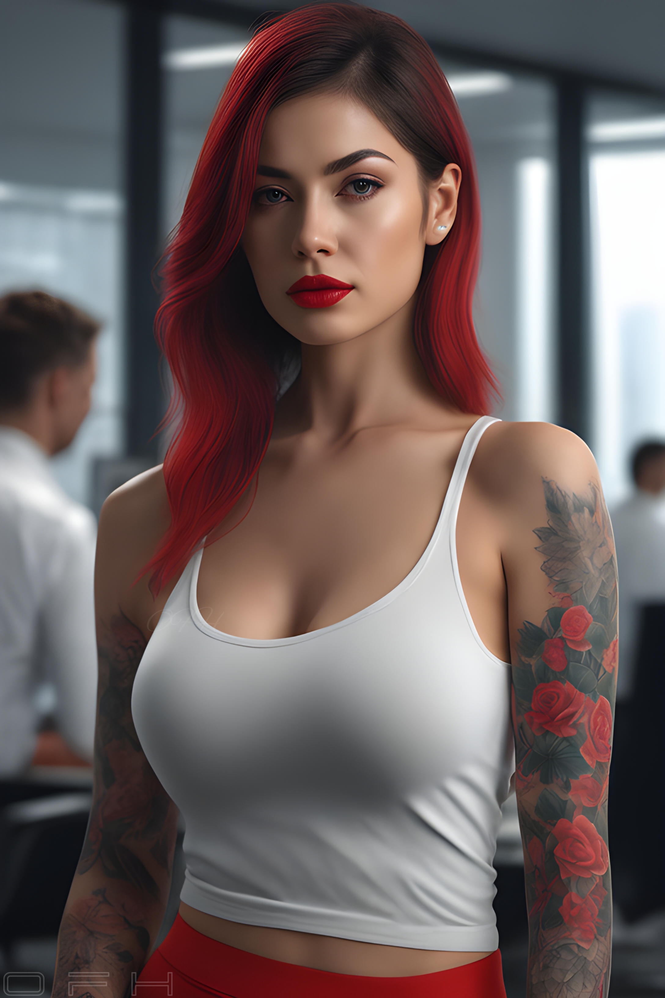 General 2176x3264 AI art OneFinalHug digital art tattoo fantasy girl portrait display gradient hair two tone hair looking at viewer lipstick red lipstick bare shoulders
