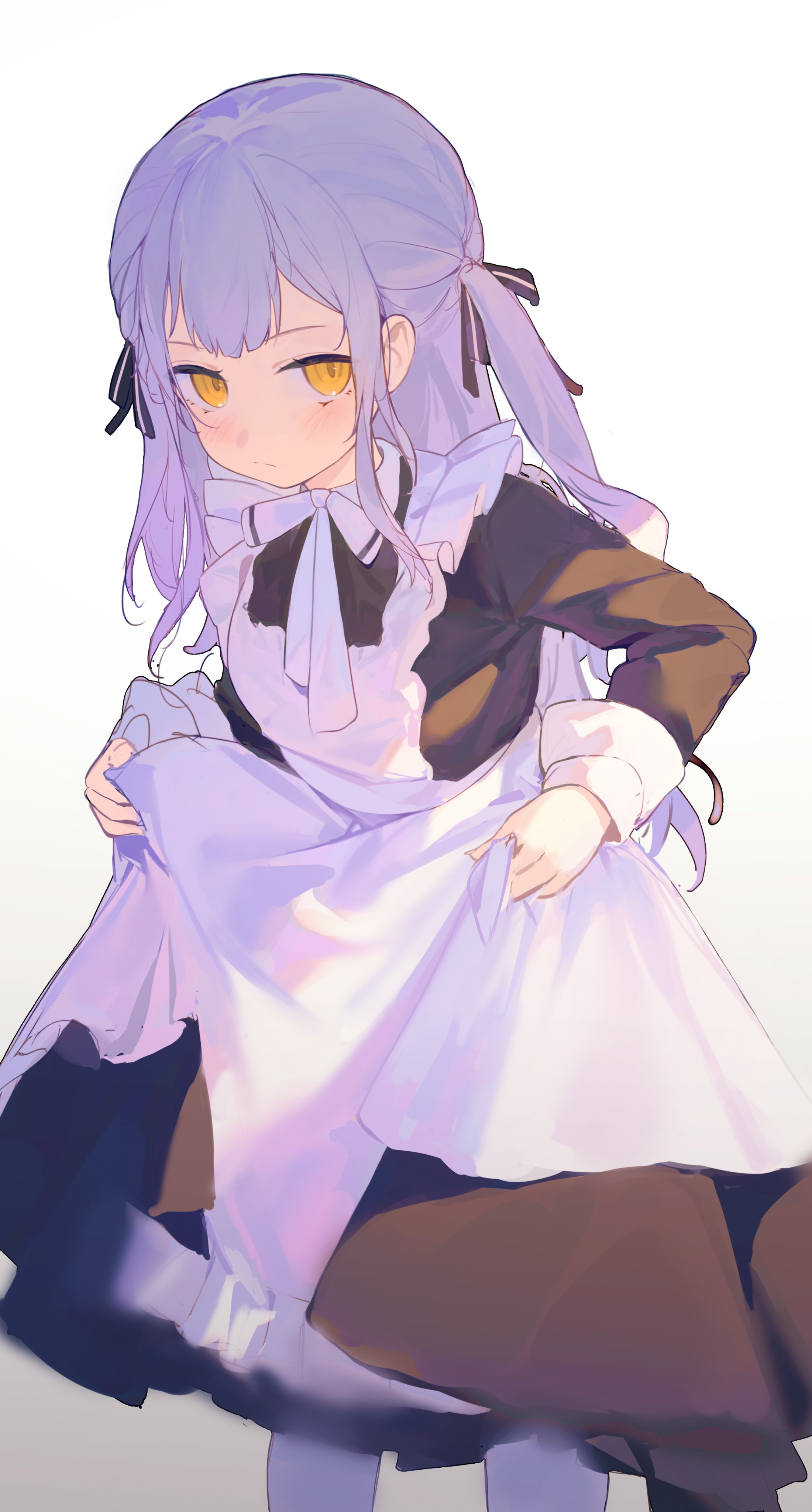 Anime 2200x4096 anime anime girls portrait display long hair maid maid outfit yellow eyes blue hair lifting dress blushing looking at viewer loli