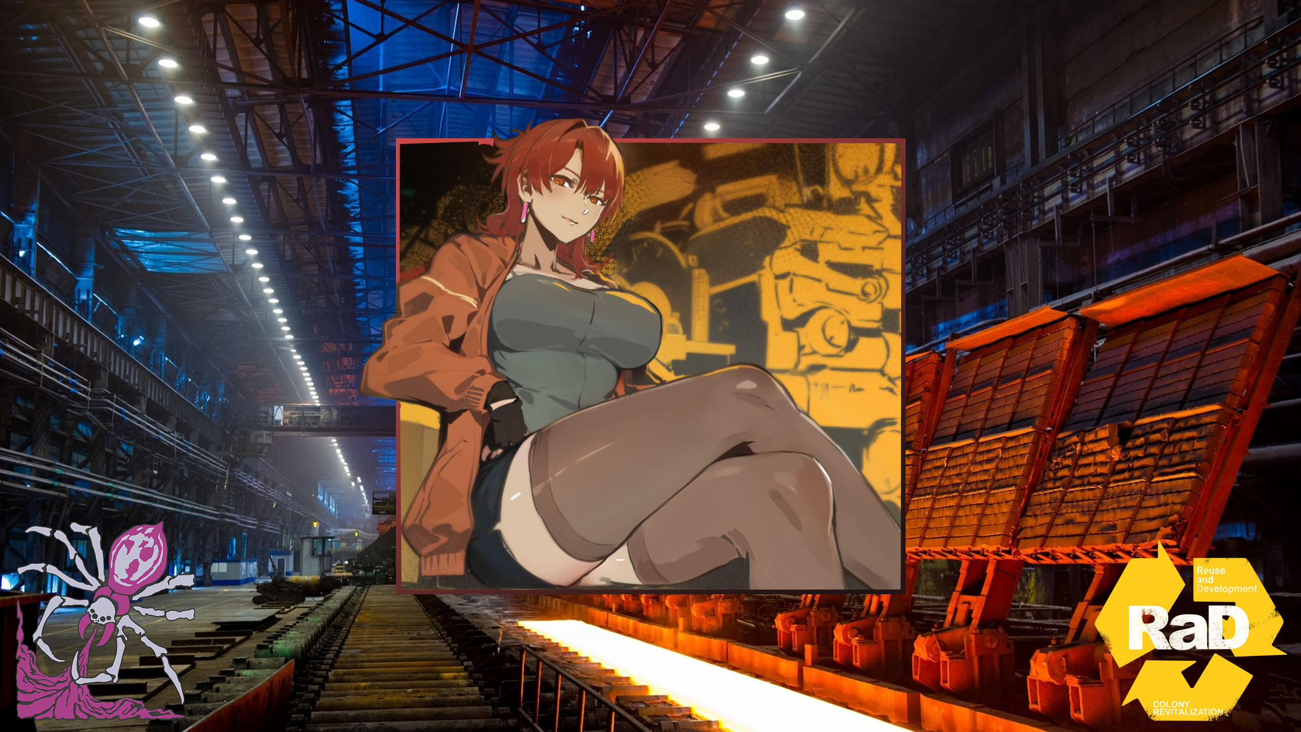 Anime 2560x1440 Armored Core VI carla cinder carla anime girls picture-in-picture smiling Armored Core logo legs crossed stockings gloves fingerless gloves redhead red eyes sitting looking at viewer