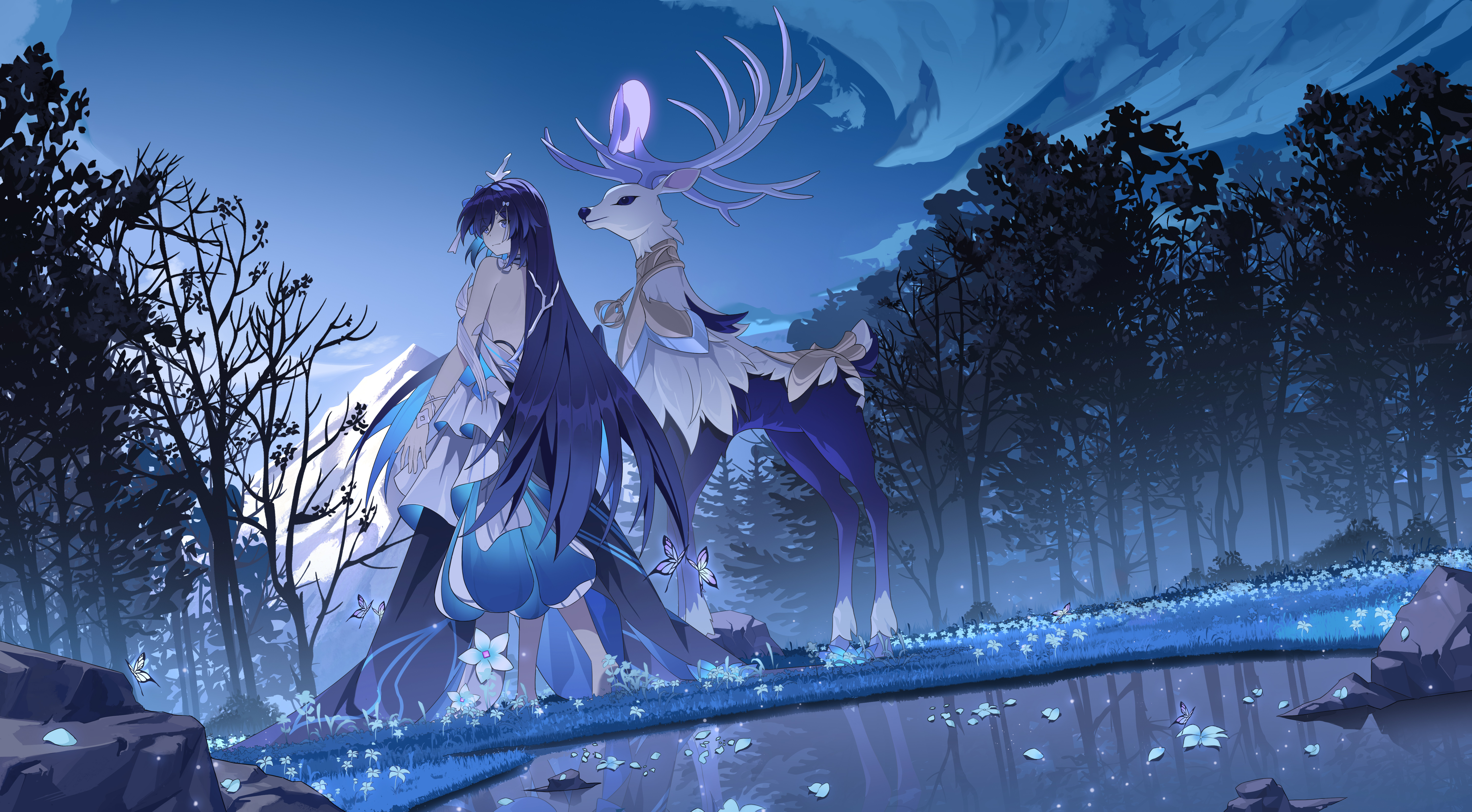 Anime 6000x3312 anime anime girls Honkai Impact 3rd Herrscher of Rebirth Seele Vollerei forest Honkai Impact clouds sky reflection water standing long hair animals butterfly petals rocks