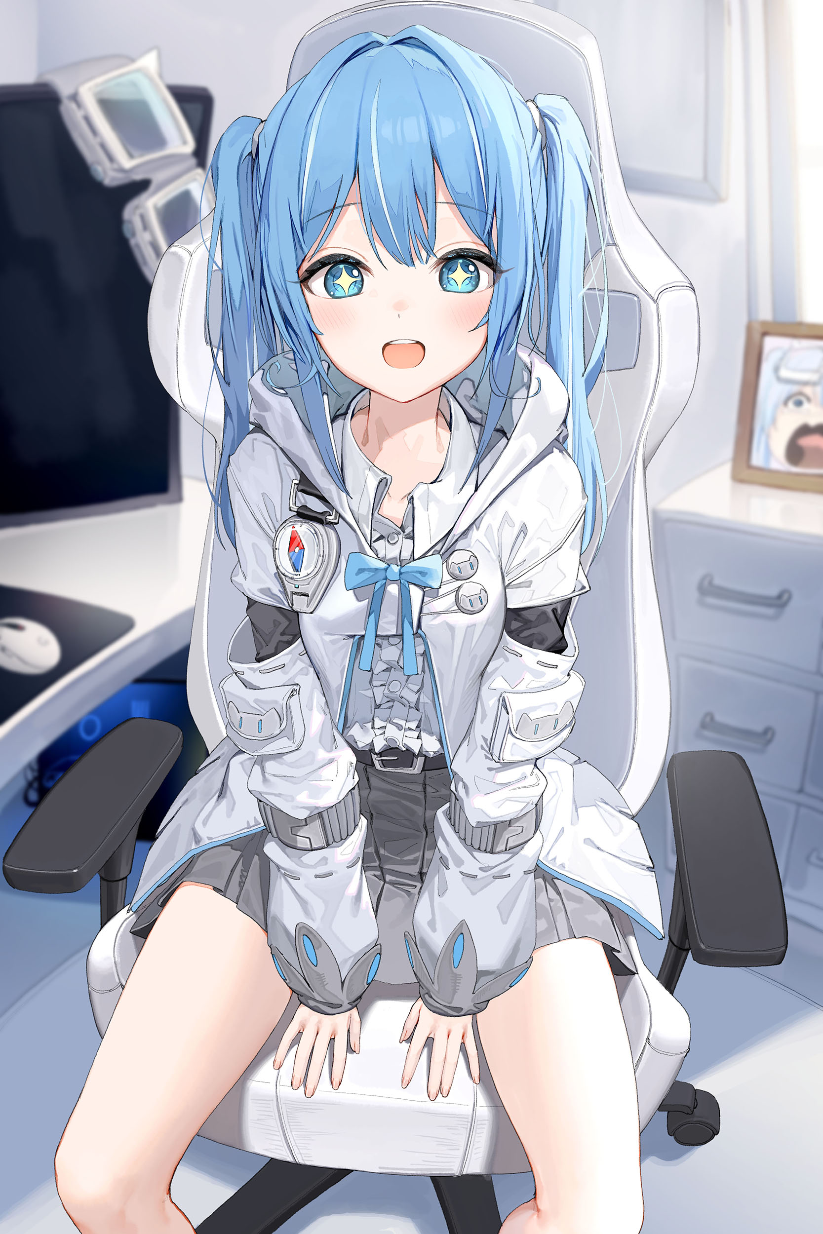 Anime 1667x2500 anime anime girls Arahashi Tabi(StelLive) Virtual Youtuber StelLive Dduck Kong sitting portrait display long hair blue hair blue eyes star eyes looking at viewer bow tie open mouth blushing chair car