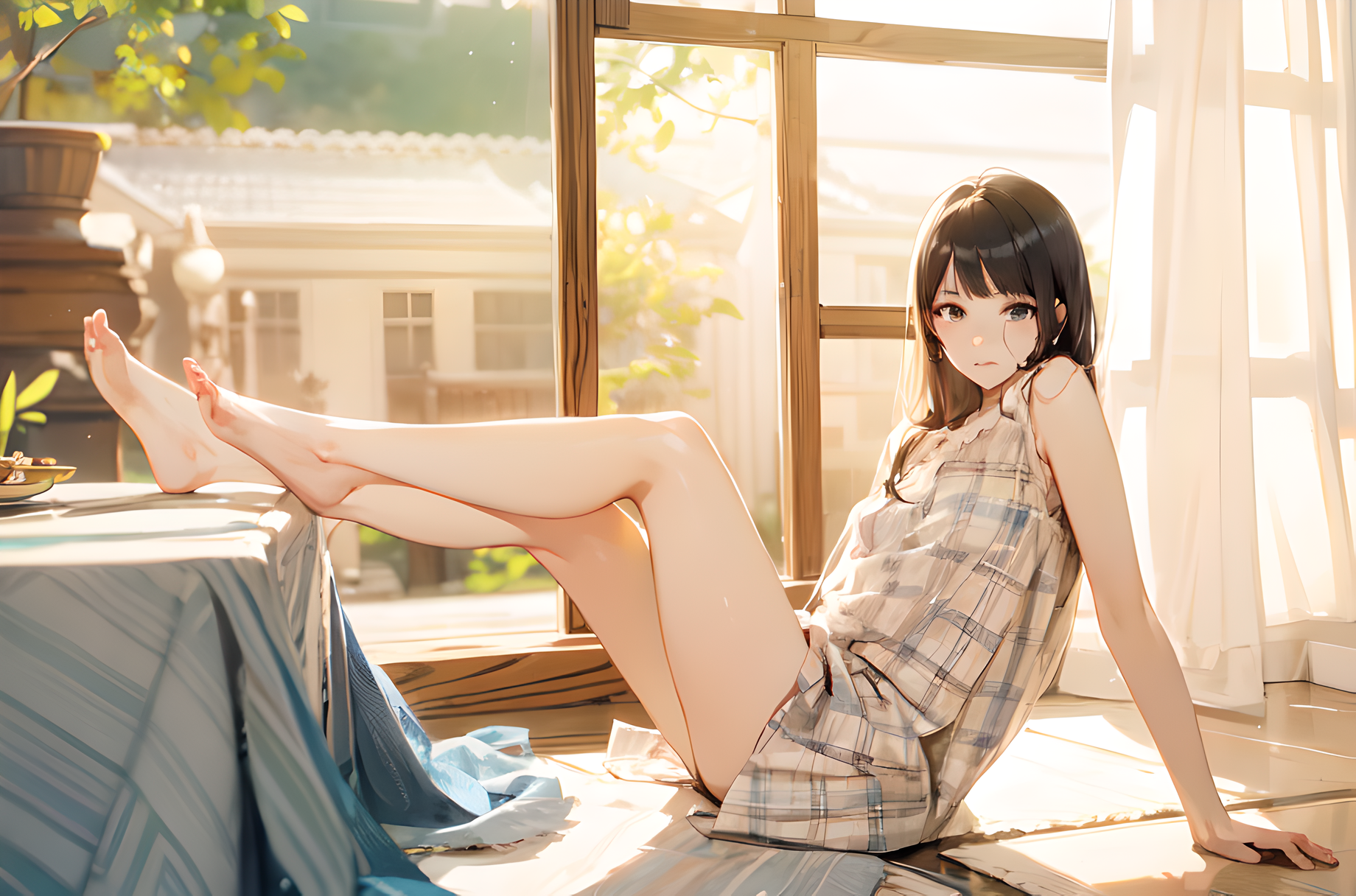 Anime 1840x1216 pantyhose stockings anime anime girls feet foot sole long hair looking at viewer sunlight curtains leaves AI art
