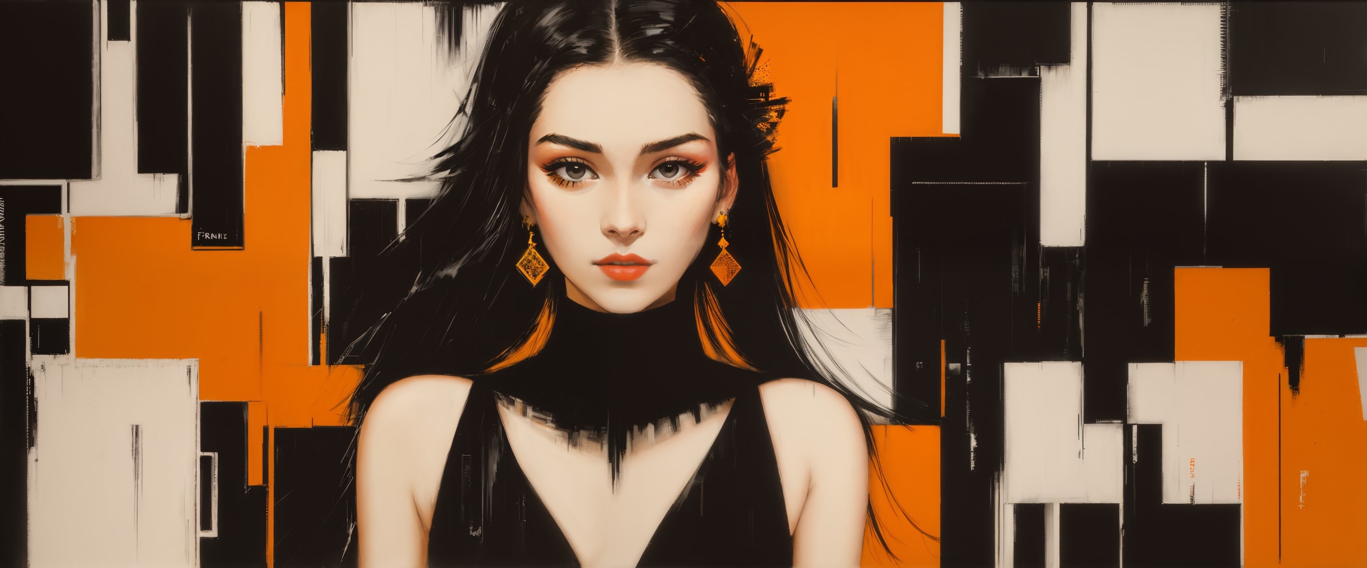 General 2656x1104 women AI art abstract retro theme digital art long hair looking at viewer earring simple background