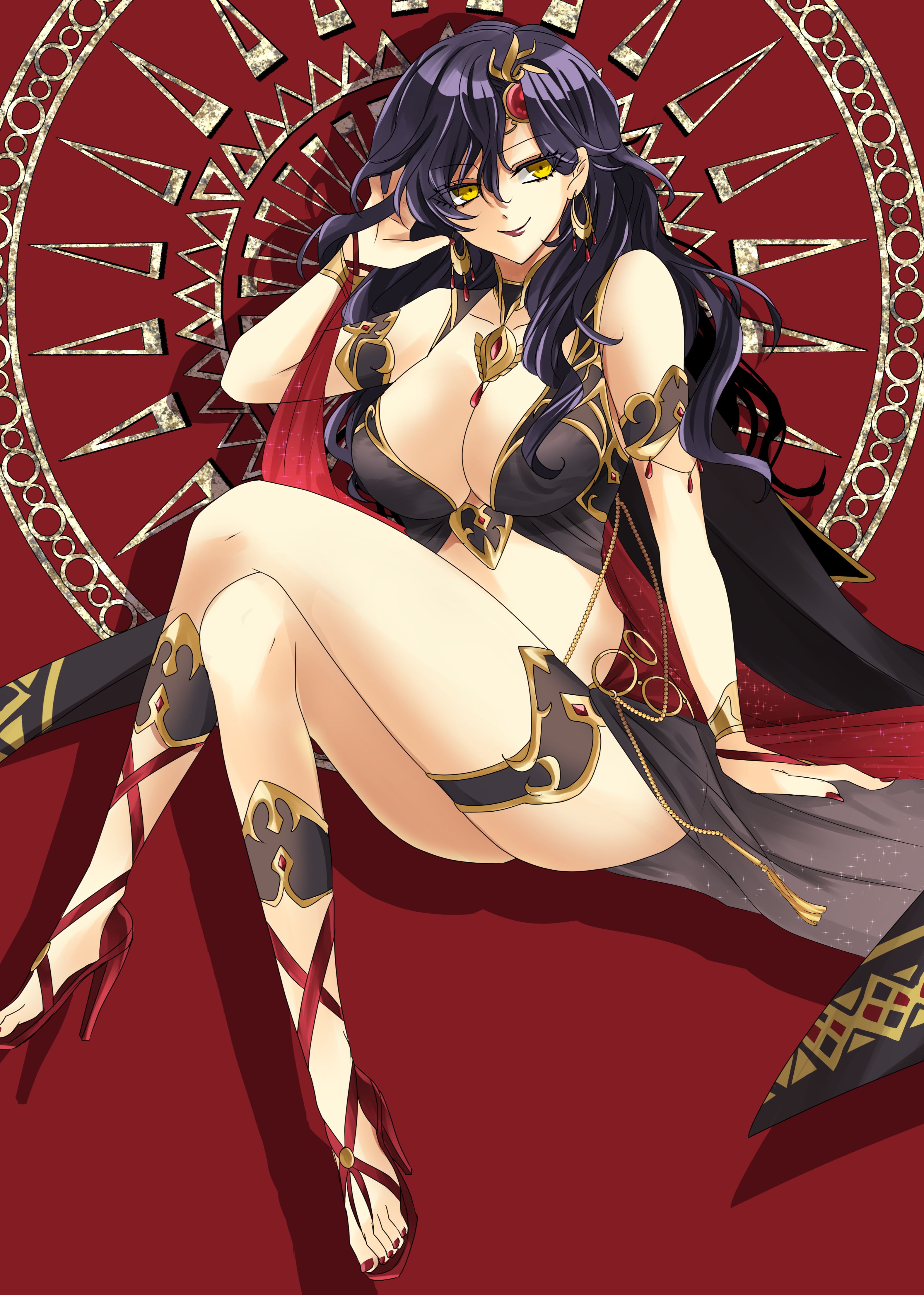 Anime 3155x4418 long hair black dress black hair yellow eyes looking at viewer bracelets earring medallion boobs cleavage legs crossed smiling red heels bare shoulders jewelry Fire Emblem portrait display cape bent legs pointed toes heels thighs legs closed mouth sitting simple background Sonia (Fire Emblem)