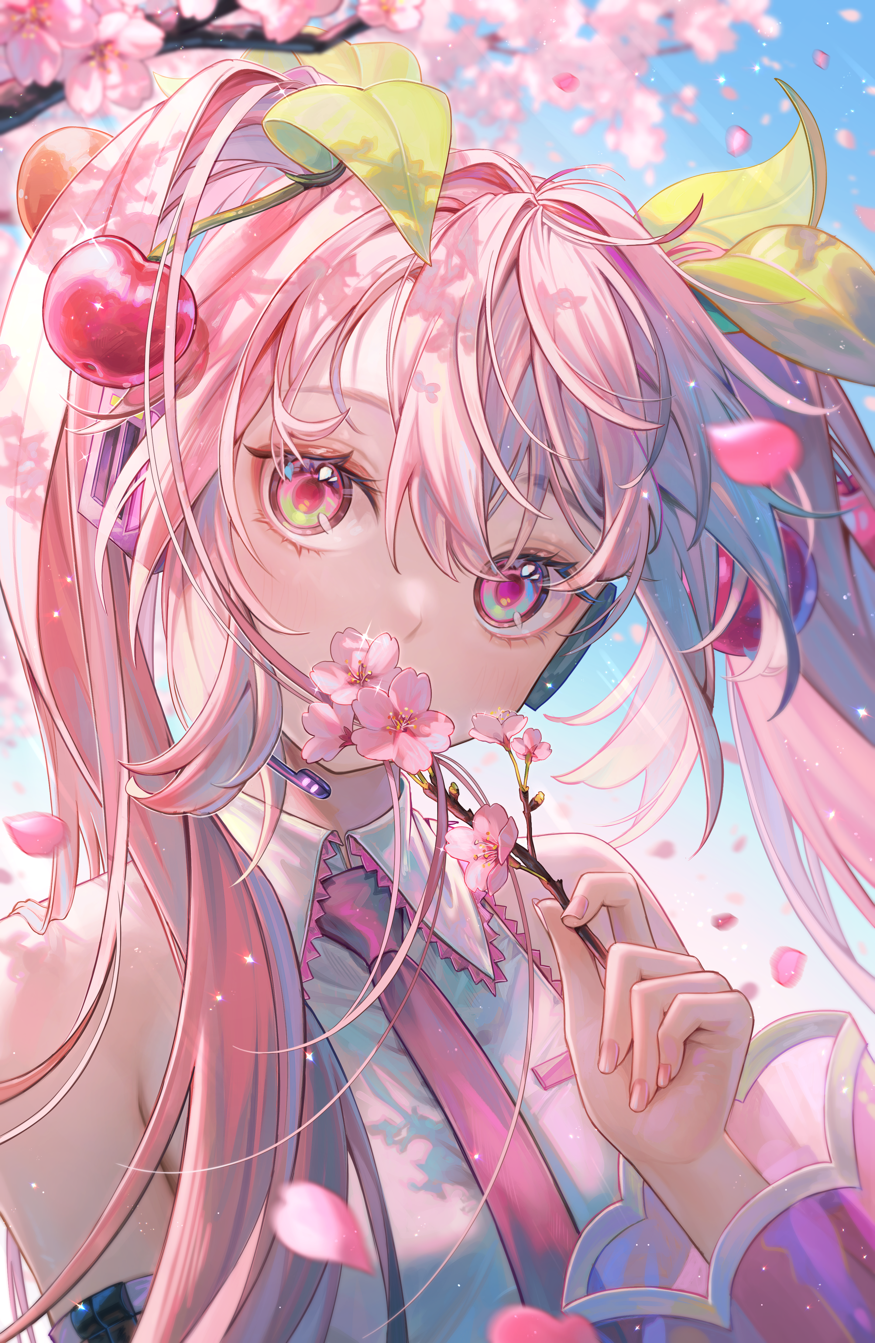 Anime 2880x4419 anime anime girls Pixiv portrait display Vocaloid Hatsune Miku Sakura Miku long hair twintails cherries cherry blossom sunlight flowers petals wind hair blowing in the wind bare shoulders pink hair multi-colored eyes stars covering mouth tie branch looking at viewer fruit