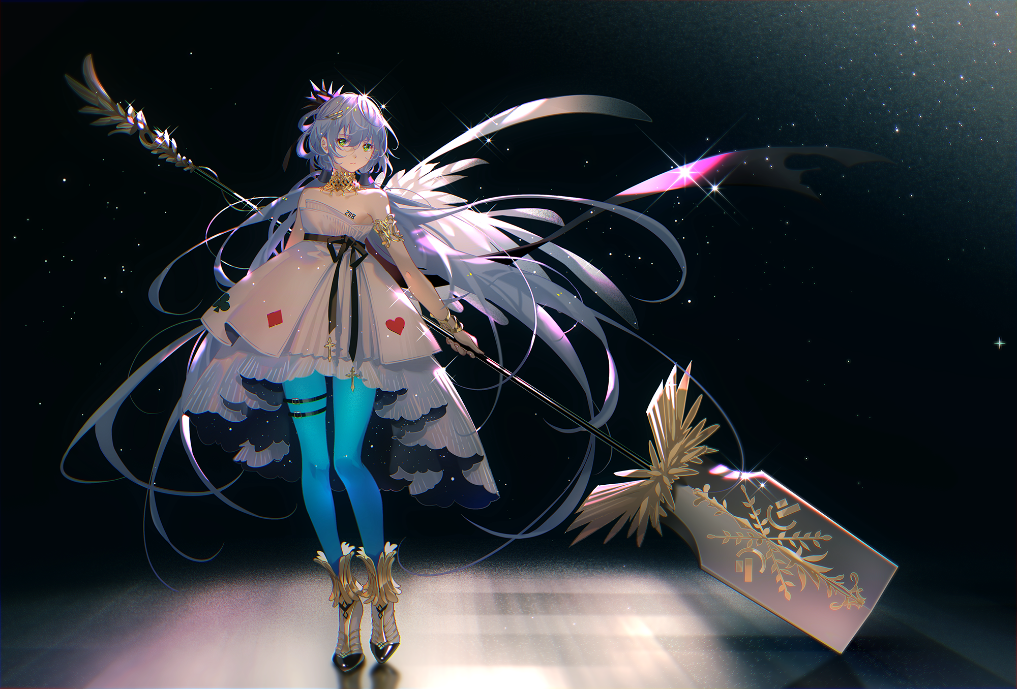Anime 2000x1356 anime anime girls Pixiv Vocaloid China Luo Tianyi (vocaloid) long hair looking at viewer dress simple background heels black background stars minimalism green eyes frills reflection
