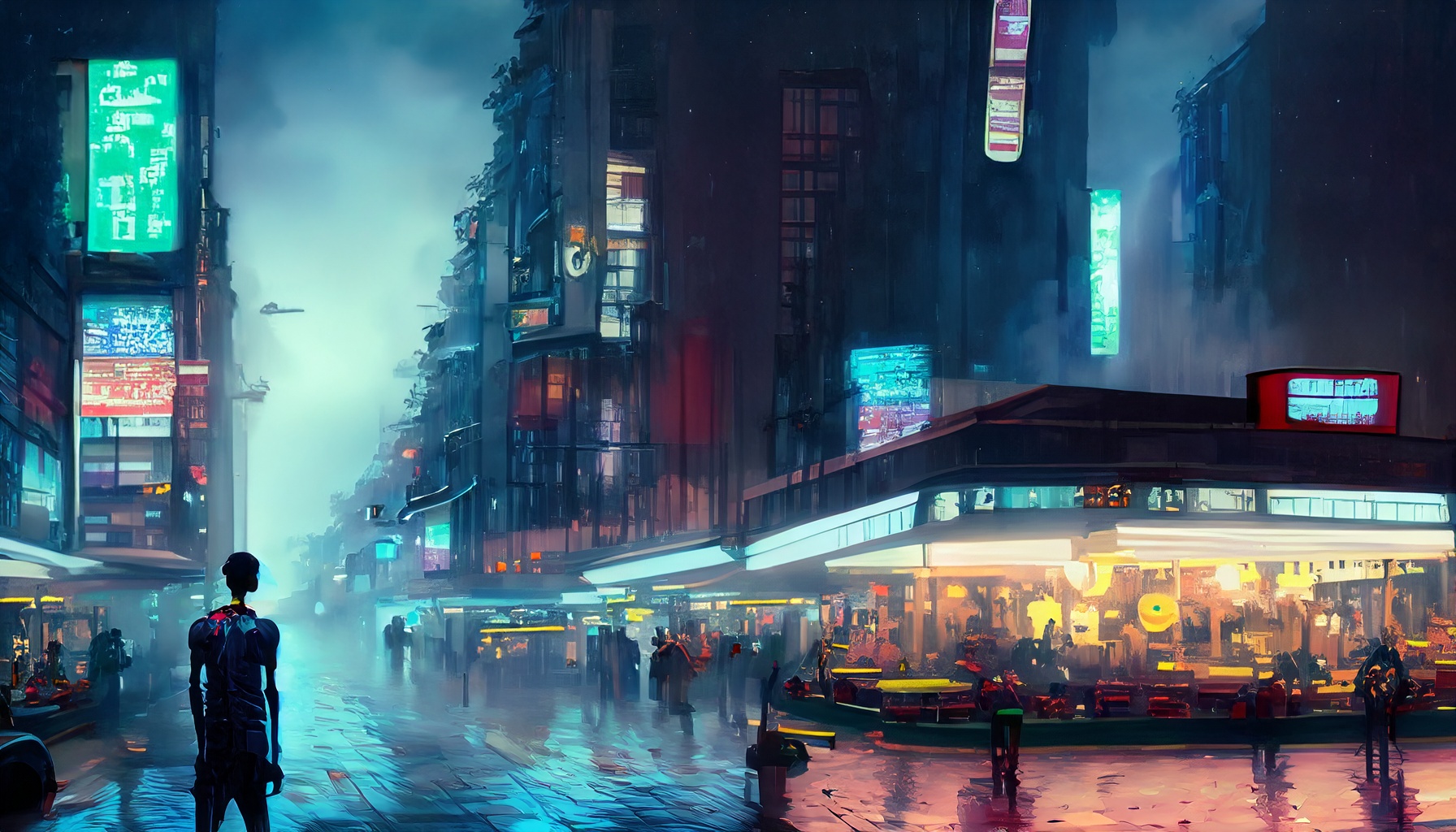 General 1792x1024 dystopian neon rain AI art city digital art city lights