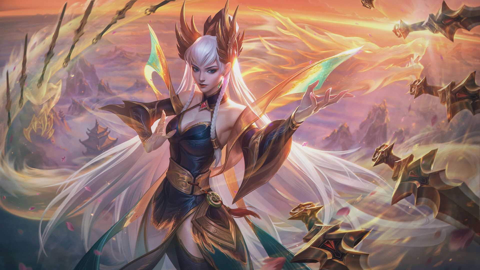 General 1920x1080 Chace drawing women long hair dress sword Irelia (League of Legends) League of Legends video game characters video game art sunlight sunset sunset glow video games dragon petals bare shoulders