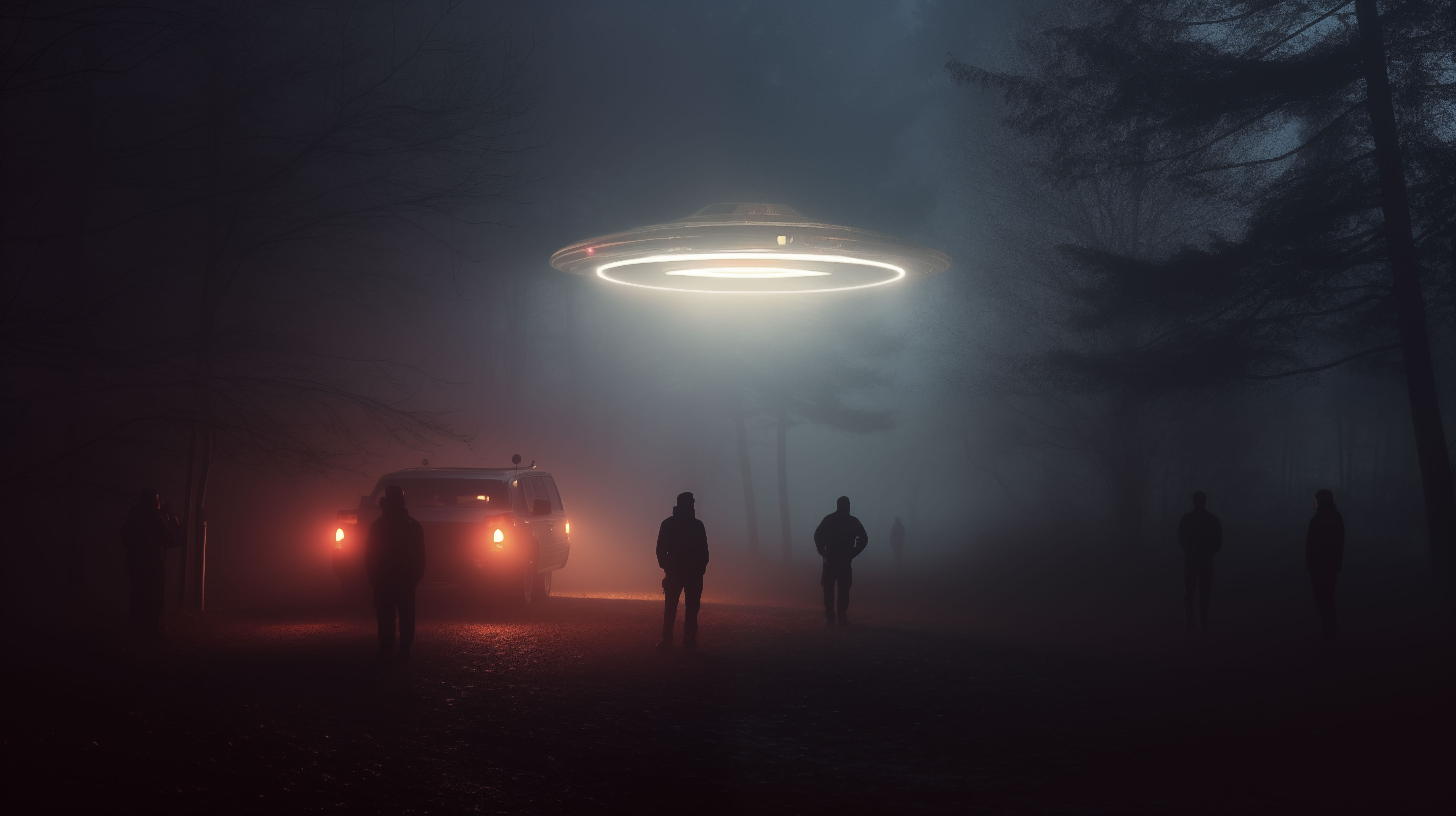 General 5824x3264 AI art night mist creepy road UFO flying saucers digital art vehicle trees lights headlights