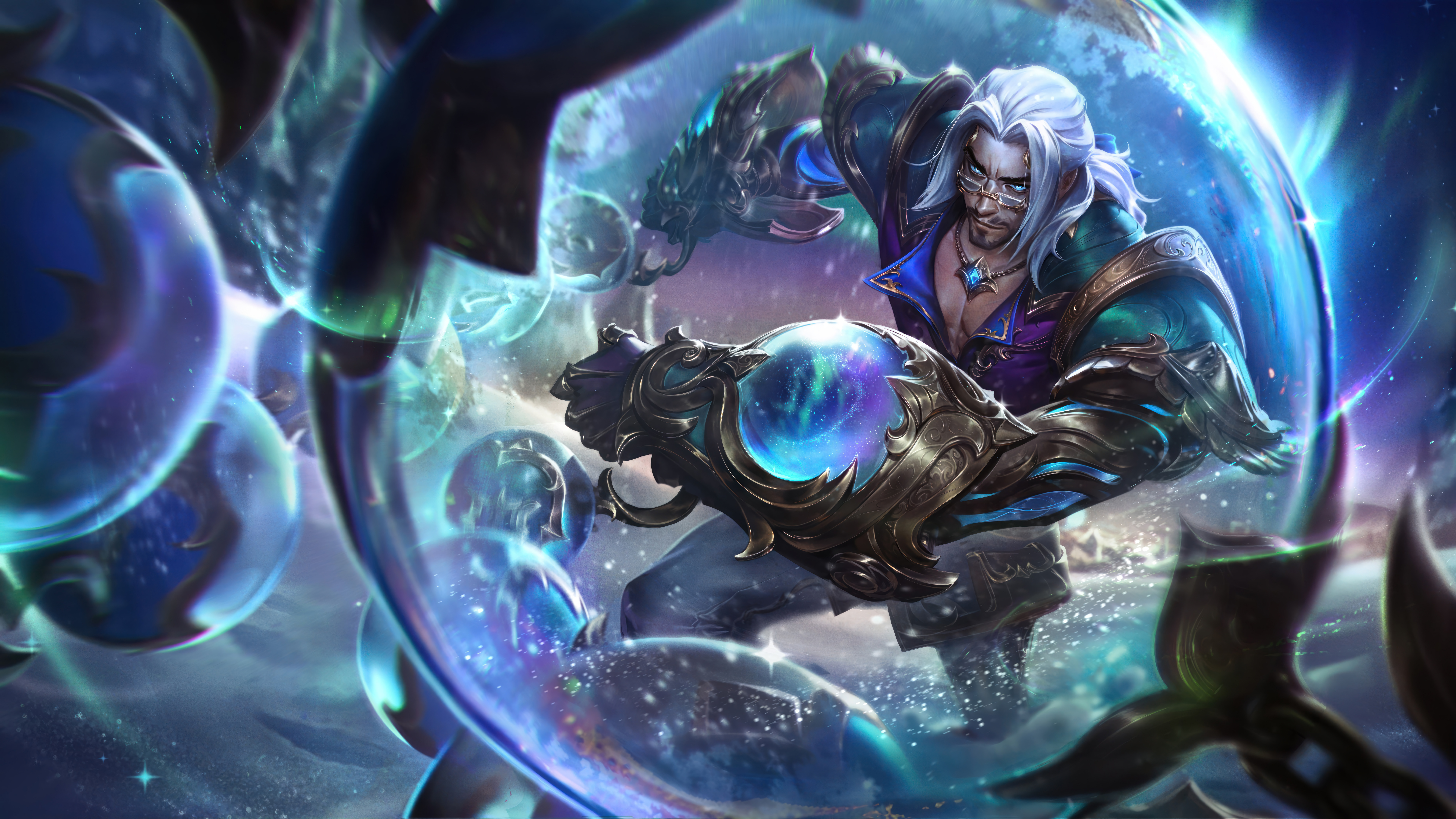 General 7680x4320 League of Legends digital art Riot Games GZG video games Winterblessed (League of Legends) Sylas (League of Legends) video game characters 4K video game art aurorae video game men glasses moustache closed mouth night lights stars