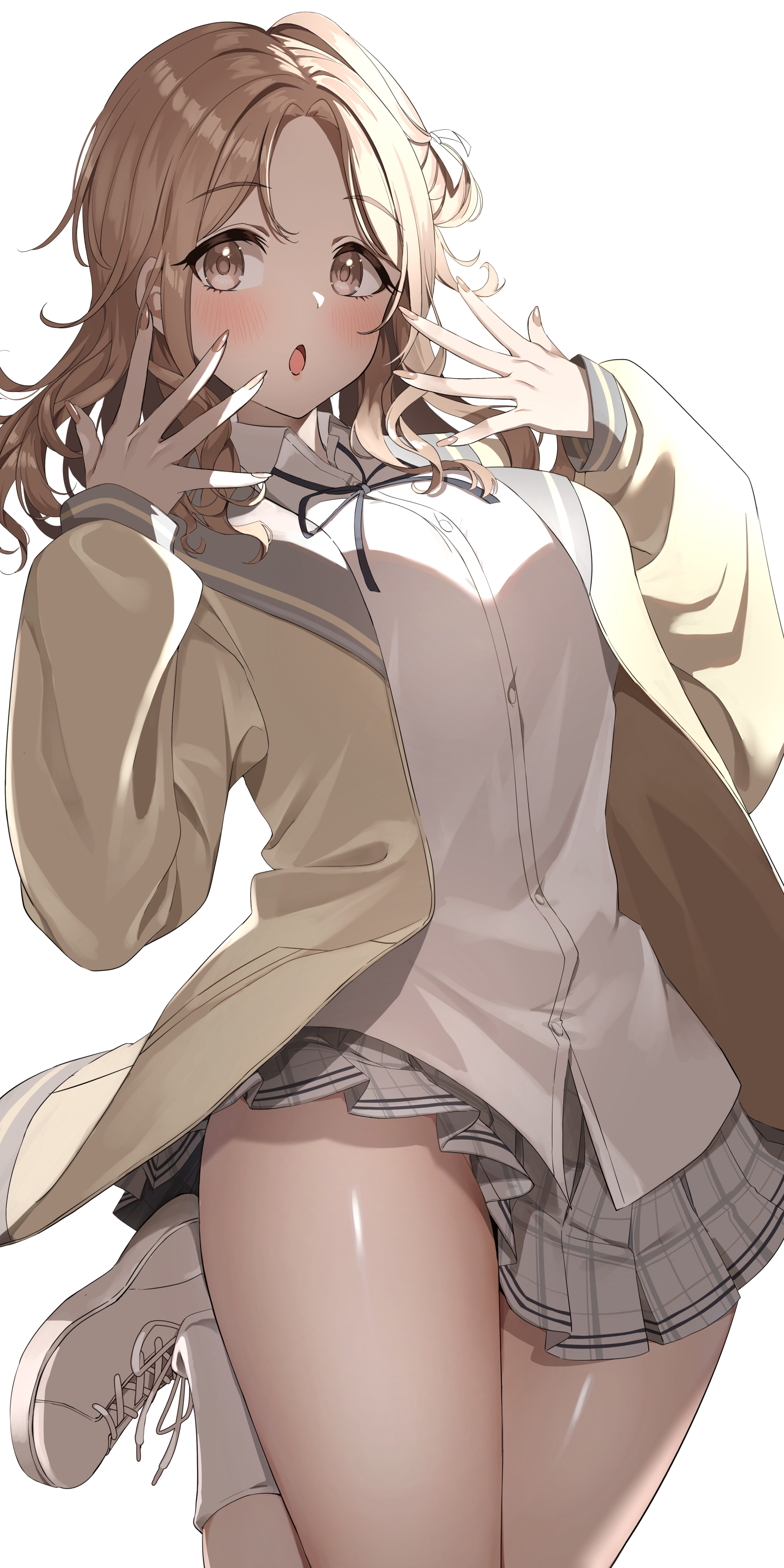 Anime 1794x3588 anime anime girls Pixiv thighs JK sneakers skirt portrait display brown eyes schoolgirl school uniform open mouth blushing simple background frills white background socks white socks minimalism looking at viewer long nails blonde