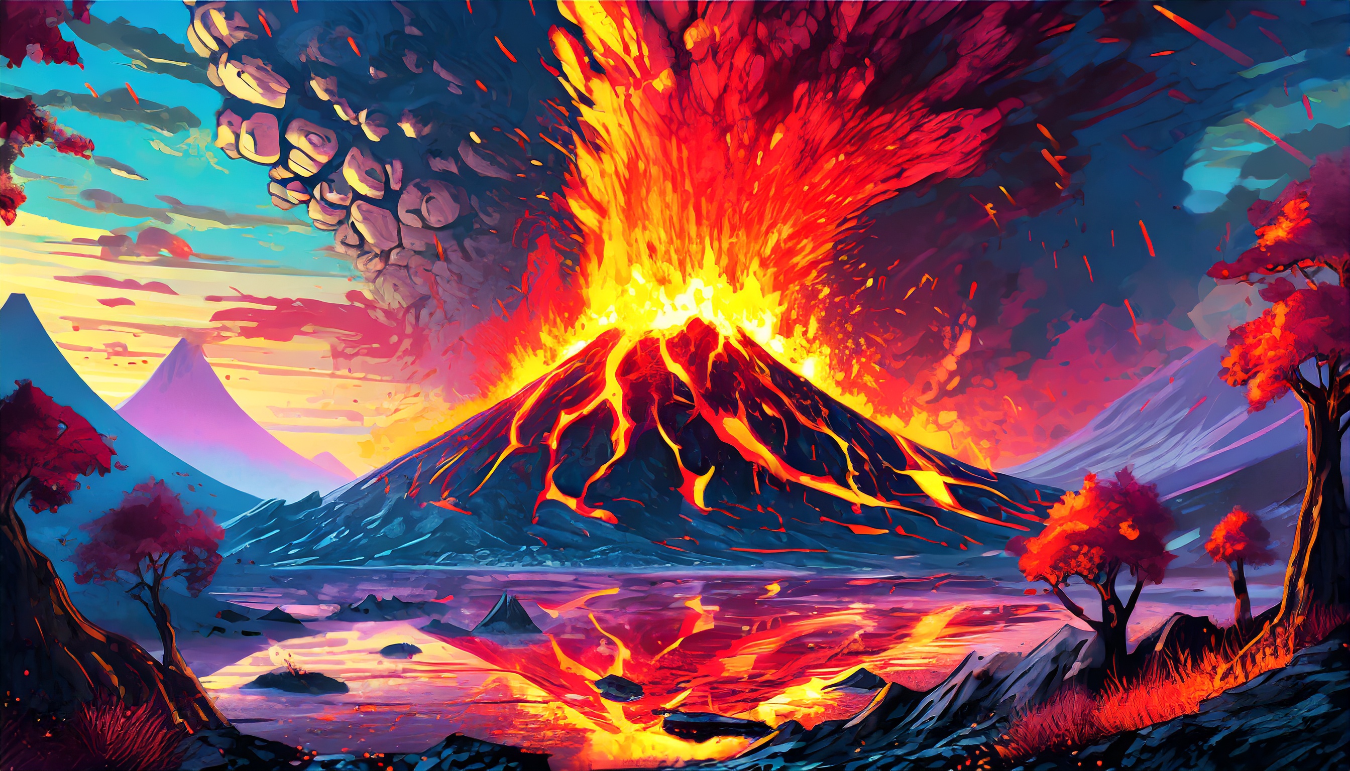 General 2688x1536 volcano eruption nature landscape fire lava AI art digital art sky water reflection clouds smoke