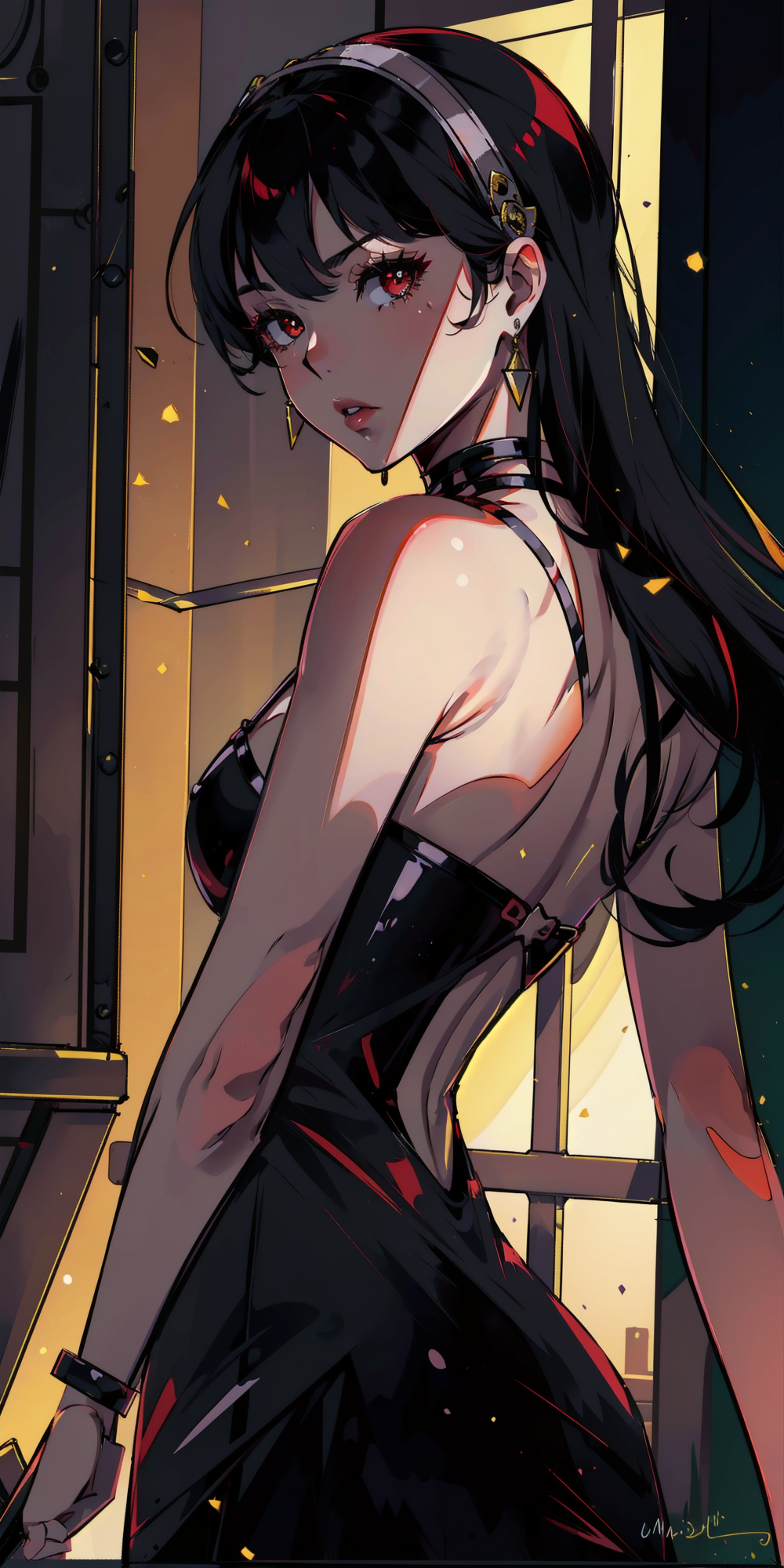 Anime 1000x2000 anime AI art Stable Diffusion Yor Forger big boobs Spy x Family portrait display digital art looking at viewer standing blushing parted lips long hair signature dress necklace indoors women indoors anime girls