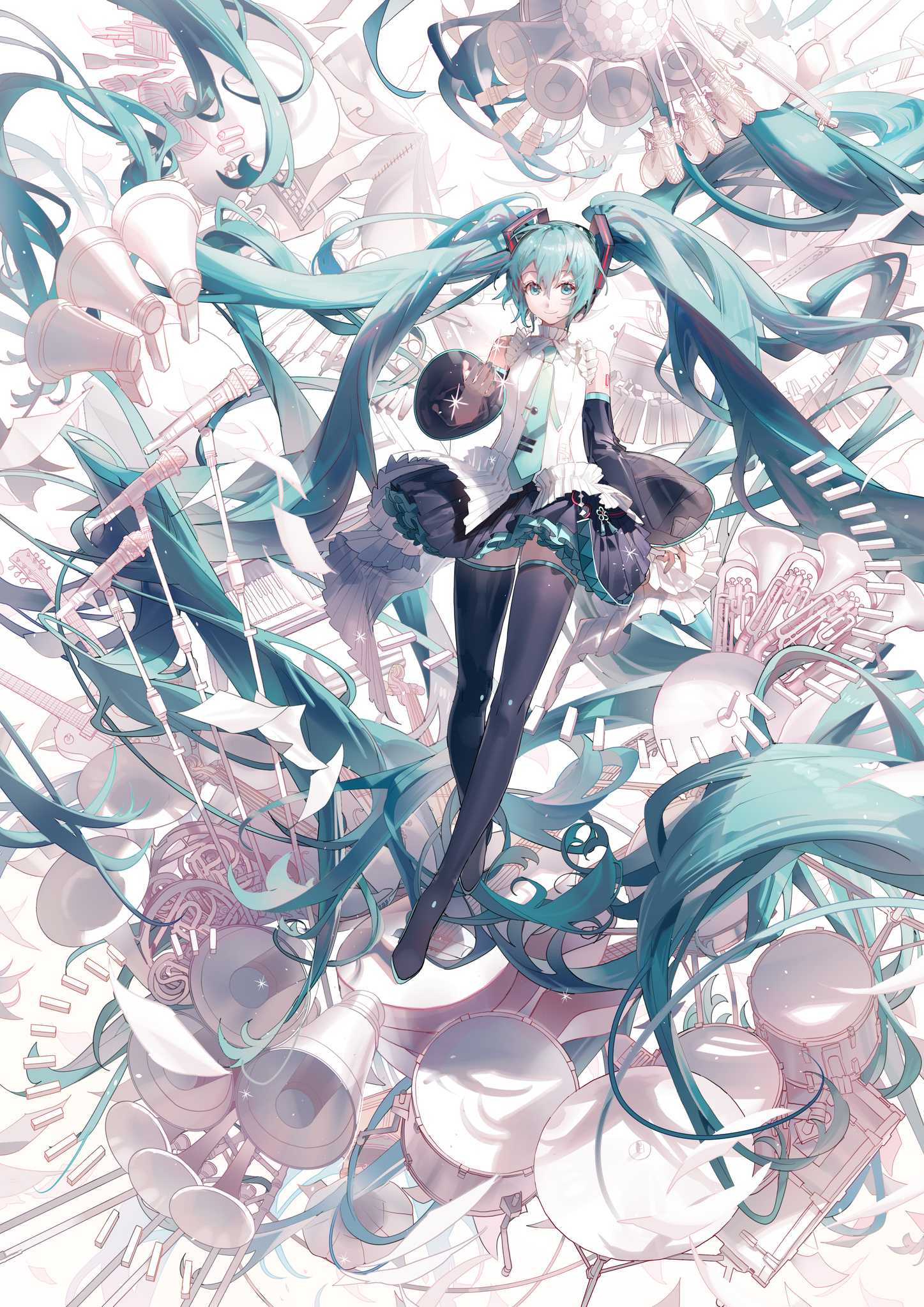 Anime 1447x2046 anime girls Vocaloid Hatsune Miku long hair blue hair blue eyes twintails looking at viewer portrait display paper microphone smiling drums anime Pixiv guitar piano musical instrument Shuno (artist)