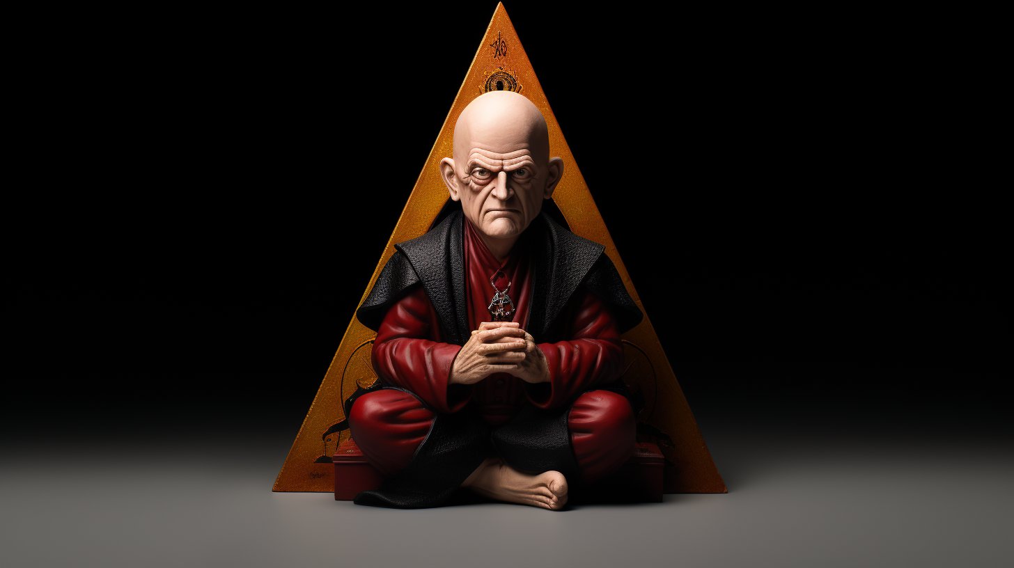 General 1456x816 aleister crowley dark occult AI art sitting simple background men digital art minimalism looking at viewer frown bald Booblehead legs crossed closed mouth barefoot pyramid red black