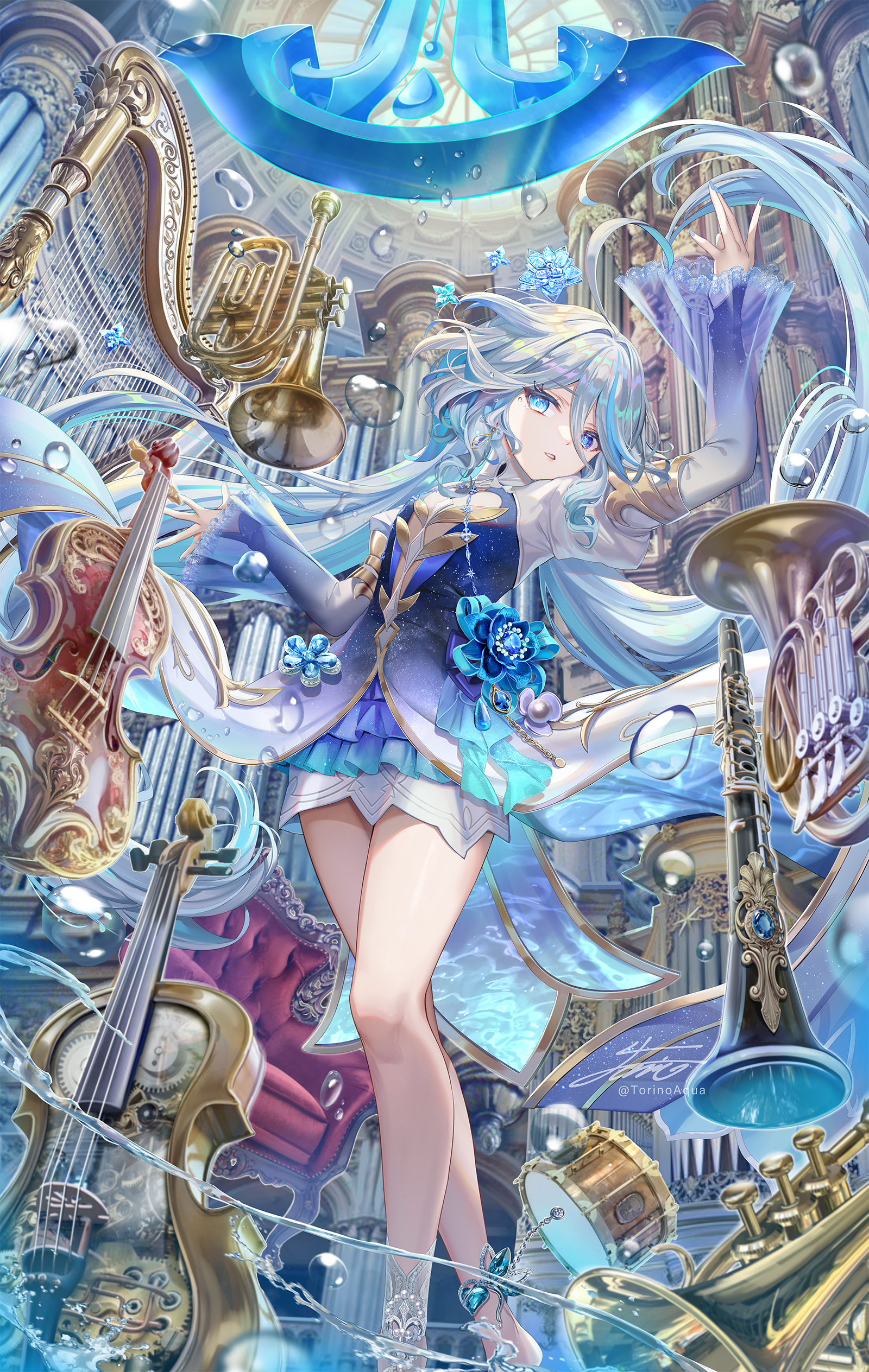 Anime 1600x2528 Genshin Impact long hair Furina (Genshin Impact) looking at viewer water heterochromia twintails blue eyes long sleeves musical instrument dress standing in water bubbles water drops parted lips Torino Akua light blue hair two tone hair blue hair lute violin harp drums closed mouth multi-colored hair thighs watermarked pipe organ standing anime girls hair between eyes frills