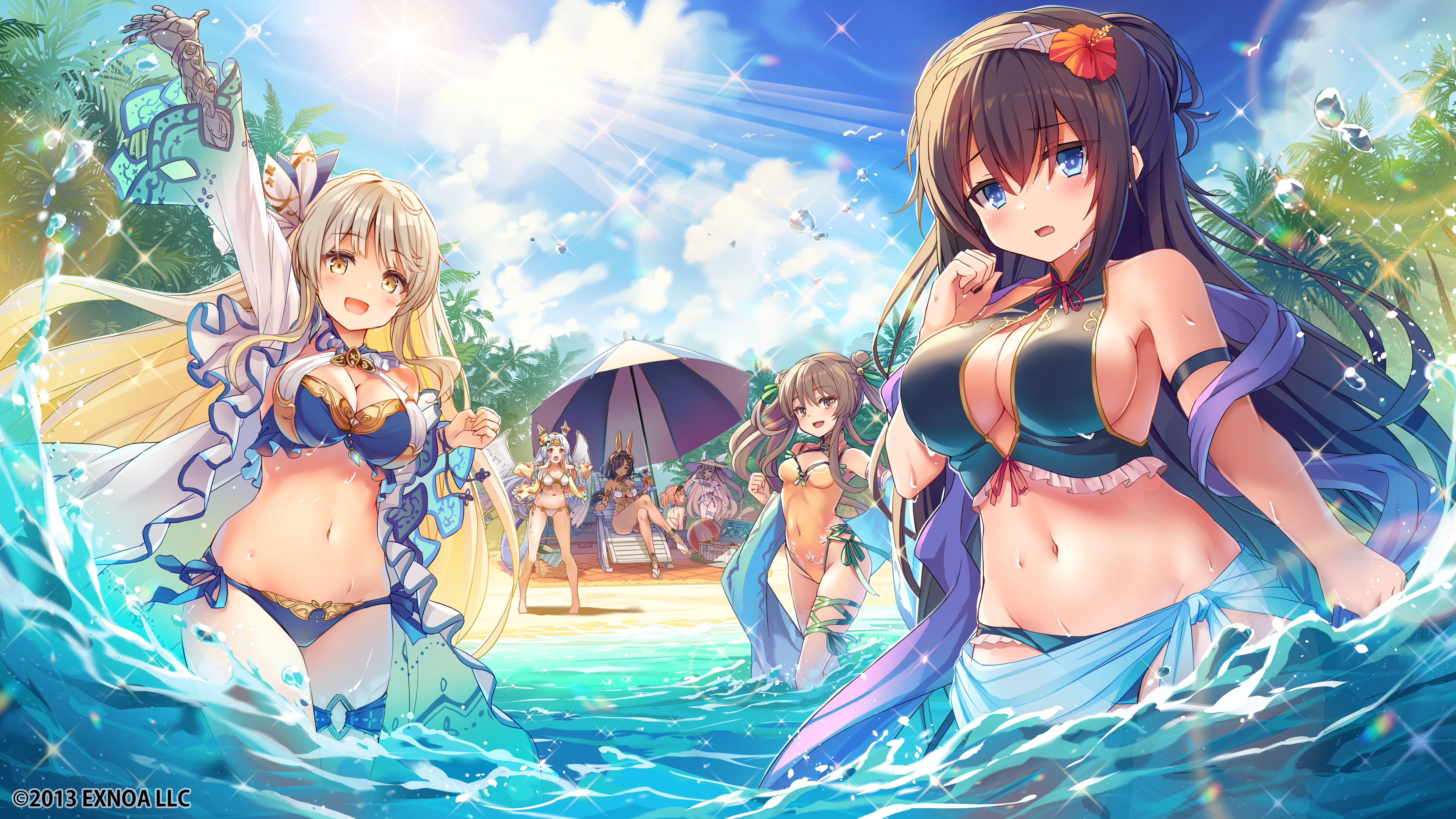 Anime 5760x3240 Sennen Sensou Aigis sky group of women bikini swimwear water drops standing in water water looking at viewer beach one-piece swimsuit clouds boobs women on beach women outdoors waving Horteus (Sennen Sensou Aigis) Nataku (Sennen Sensou Aigis) Sanara (Sennen Sensou Aigis) Puro (Sennen Sensou Aigis) Rinne (Sennen Sensou Aigis) Tram (Sennen Sensou Aigis) Wurm (Sennen Sensou Aigis) sunlight hair ornament legs crossed open clothes palm trees open mouth animal ears beach ball flower in hair sunbed beach umbrella sparkles watermarked hibiscus one arm up smiling sarong anime girls