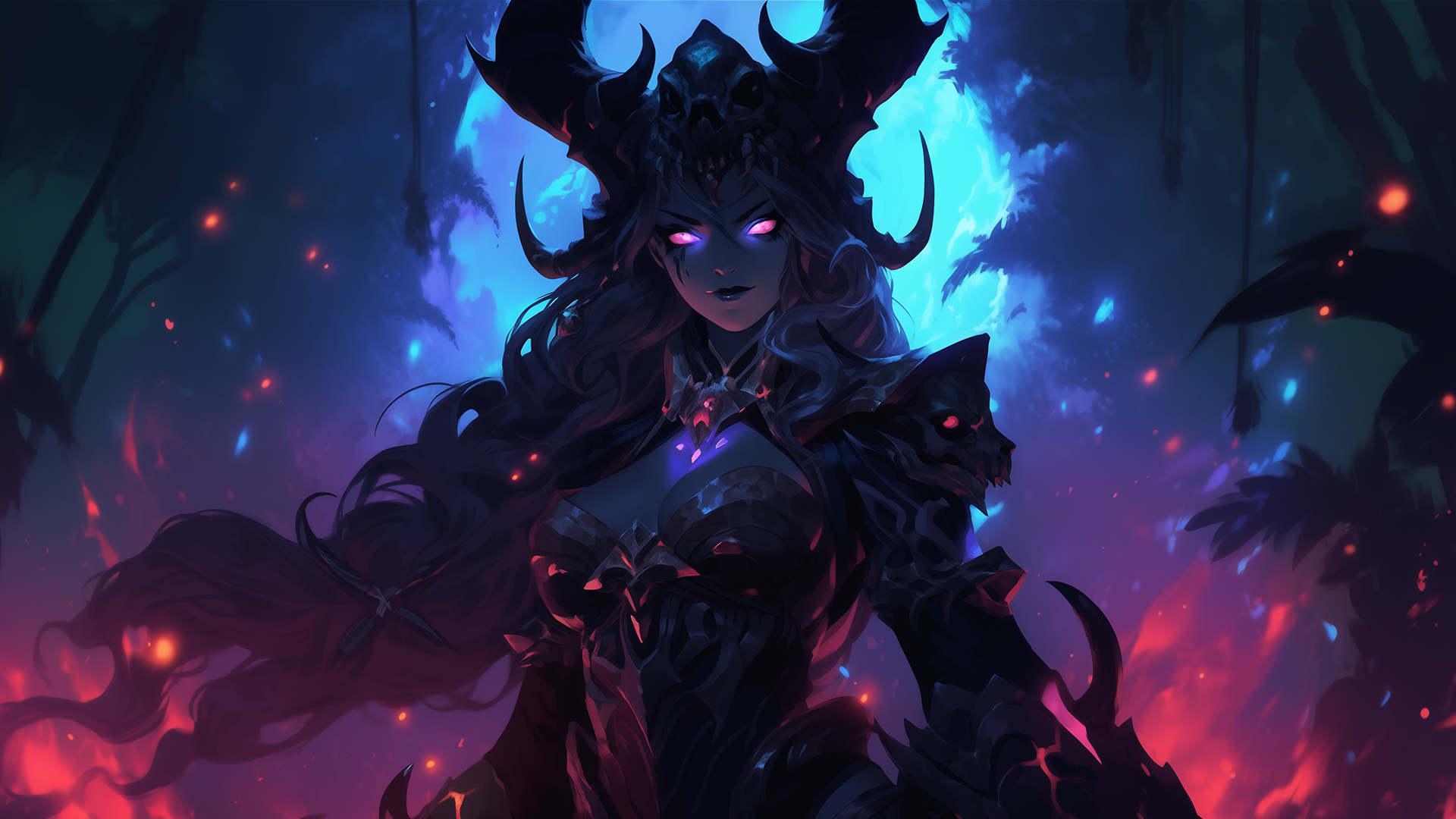 General 1920x1080 AI art devil horns armored woman forest purple light blue light warm colors elves digital art glowing eyes looking at viewer long hair armor closed mouth